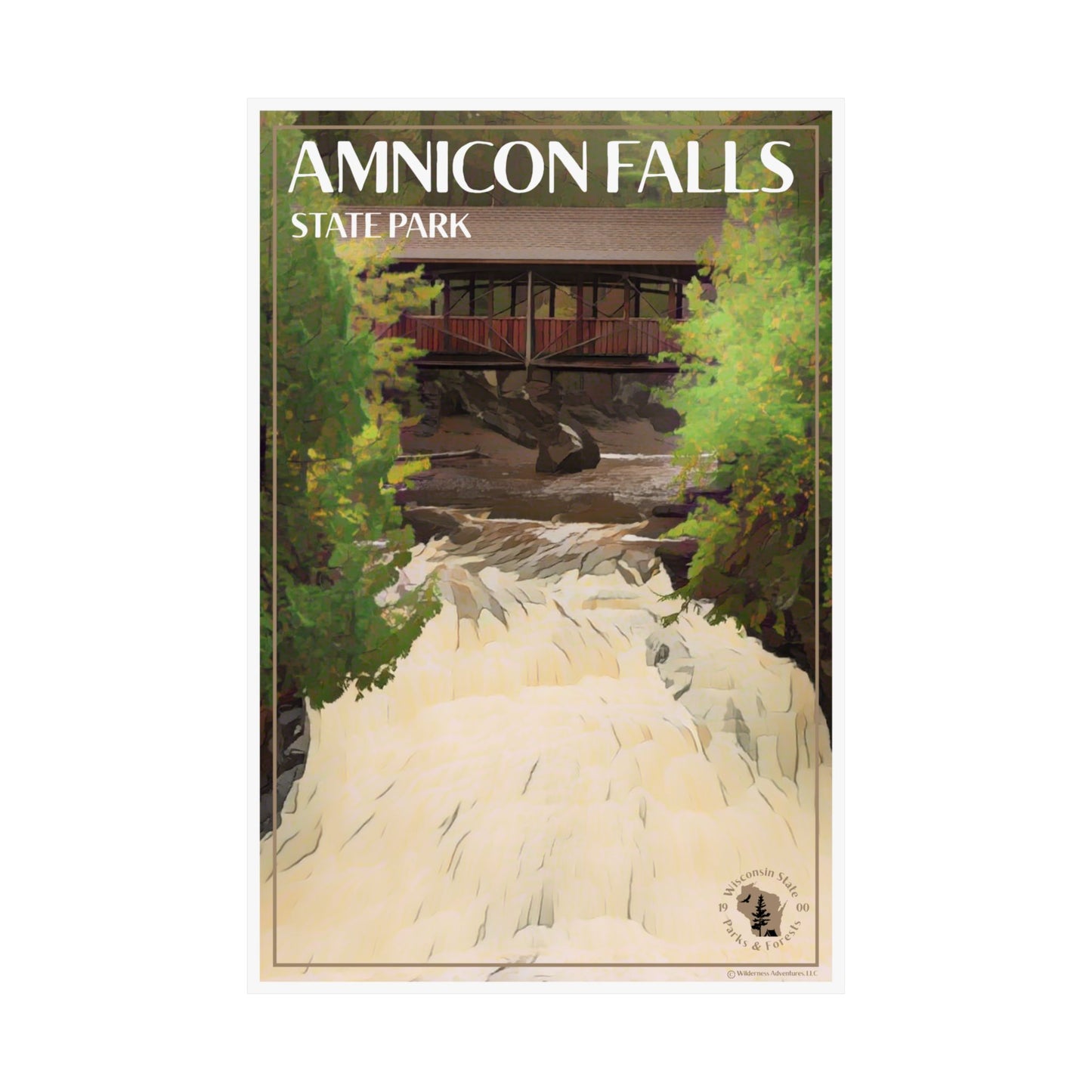 12x18” poster featuring the Historic Horton Bridge at Amnicon Falls State Park with water rushing below it.