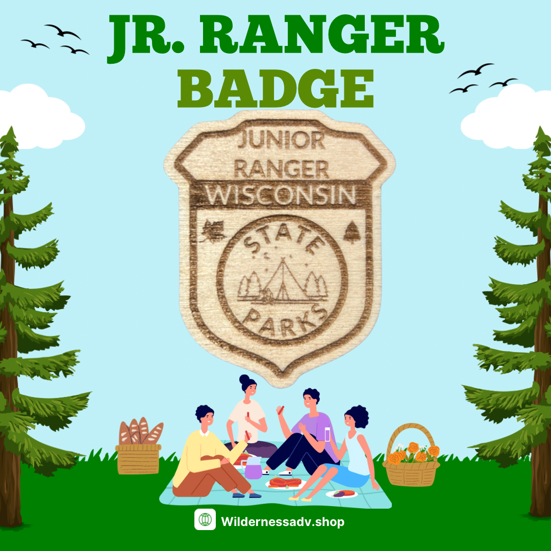 Wood Jr Ranger Badge with the text: Junior Ranger Wisconsin State Parks. Photo background of picnic scene in the woods.