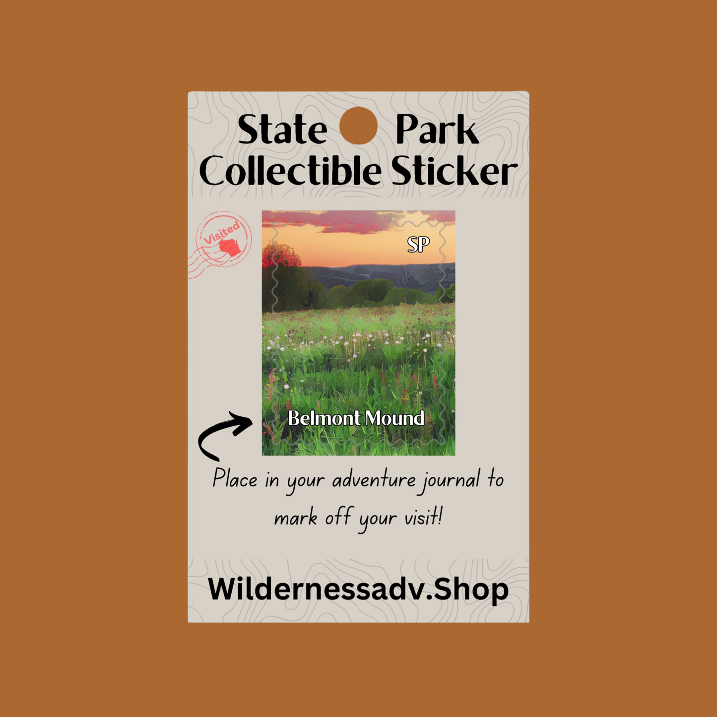 Sticker for Wisconsin State Park Adventure Journal depicting a scenic view at sunset overlooking a prairie and rolling hills in the background.