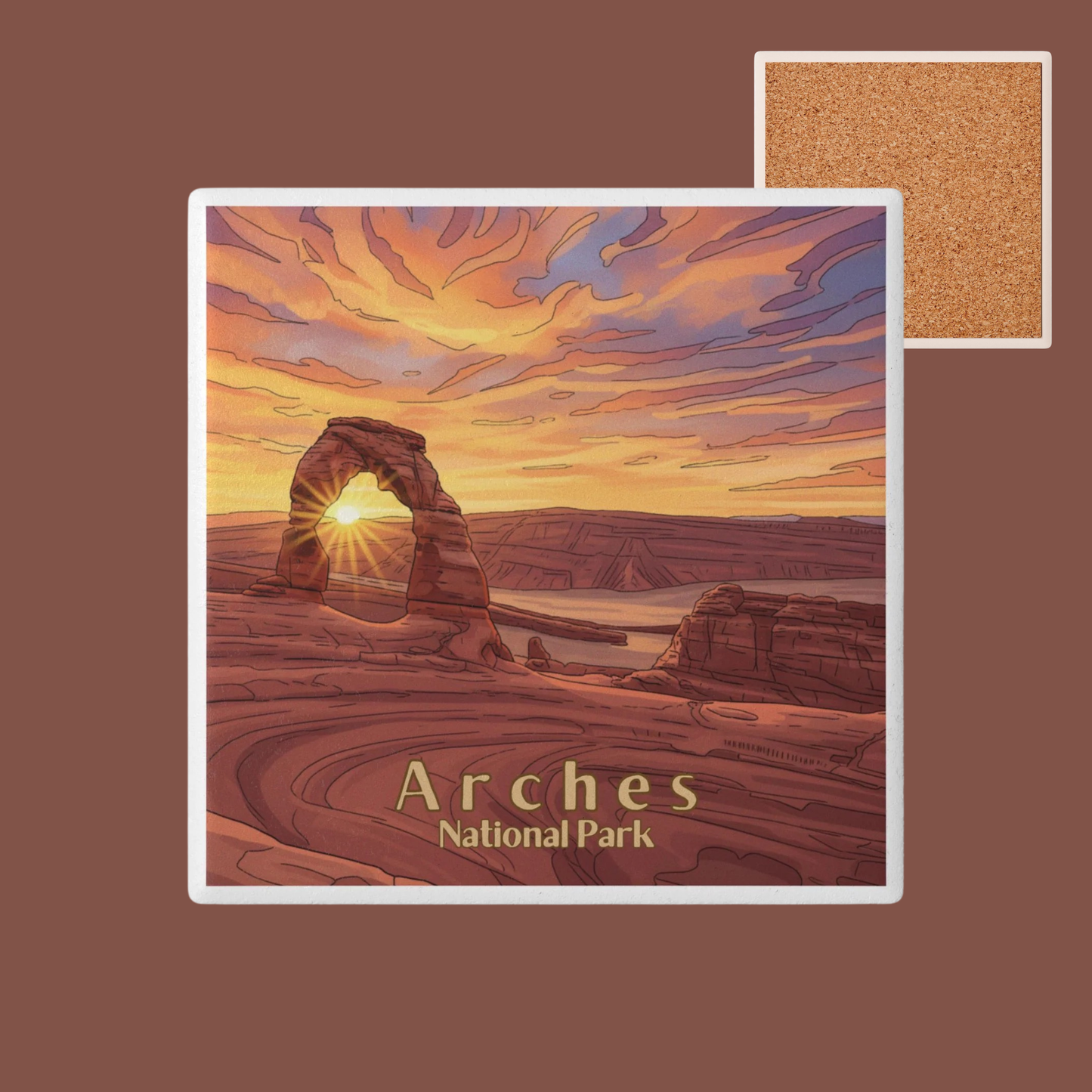 Illustration of Arches National Park with a sunset over a sandstone arch.