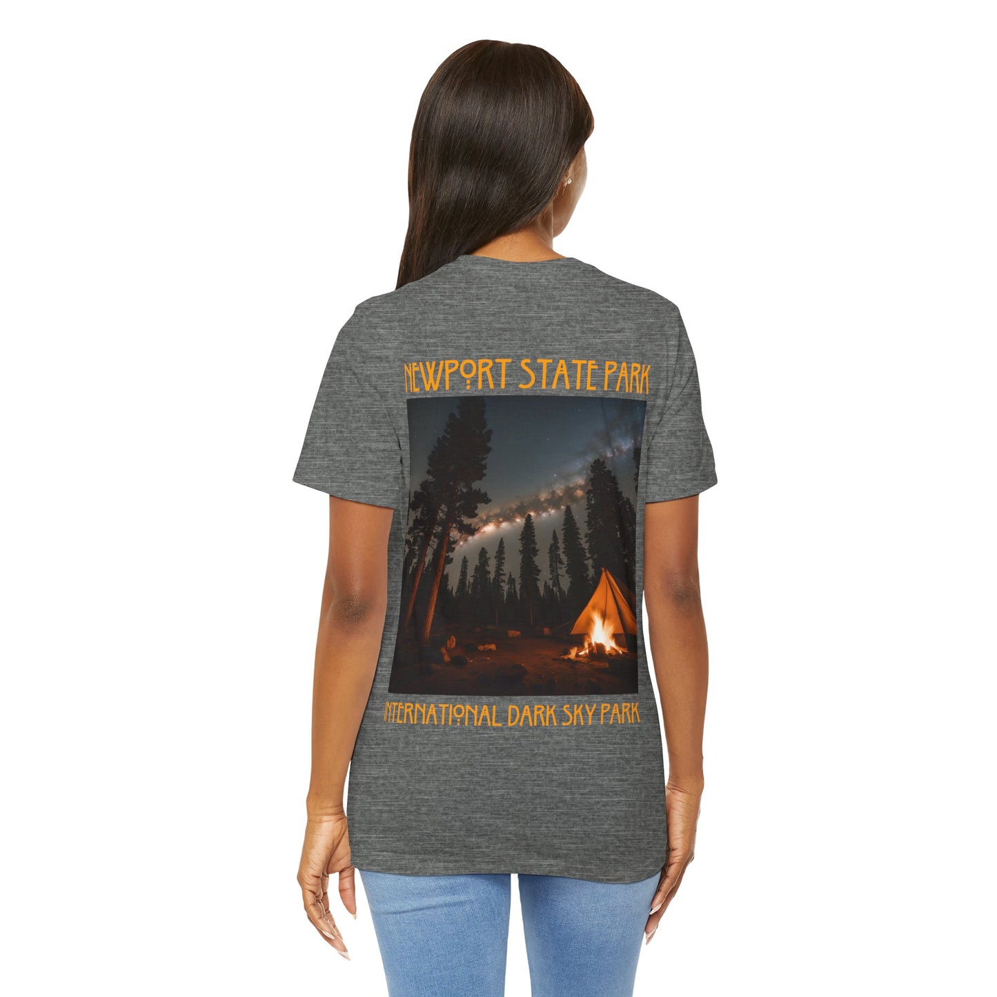 Female model wearing Newport shirt, showing back design.