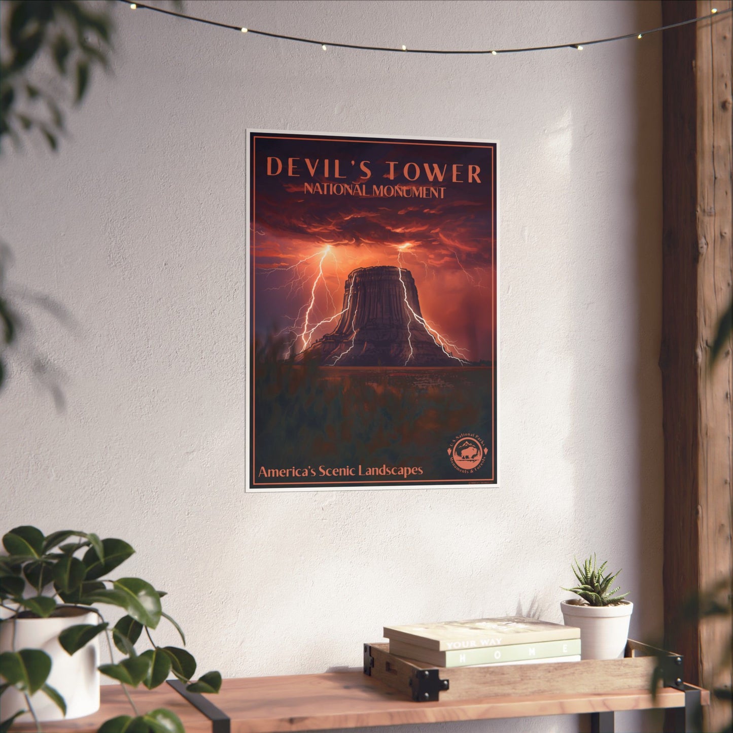 Poster depicting devils tower during a lightning storm hung on the wall above a shelf with potted plants