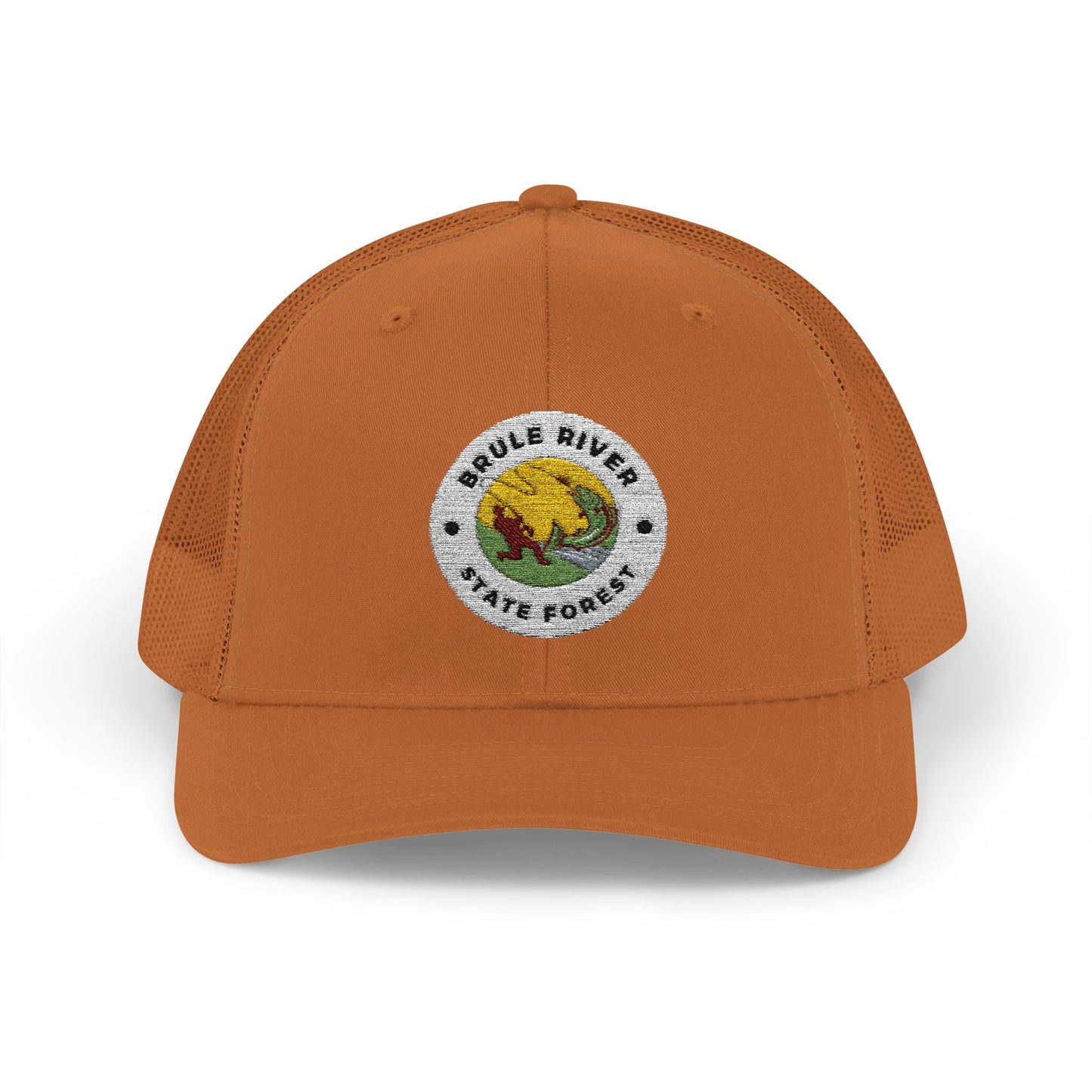 Caramel Colored ball cap with embroidered logo of an angler catching a fish and the text Brule River State Forest.