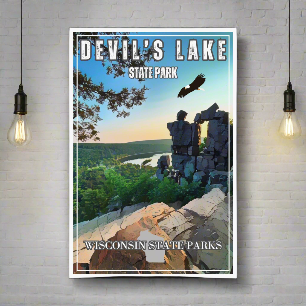 12x18 vintage Devils Lake CCC poster displaying devils doorway and overlooking the lake.