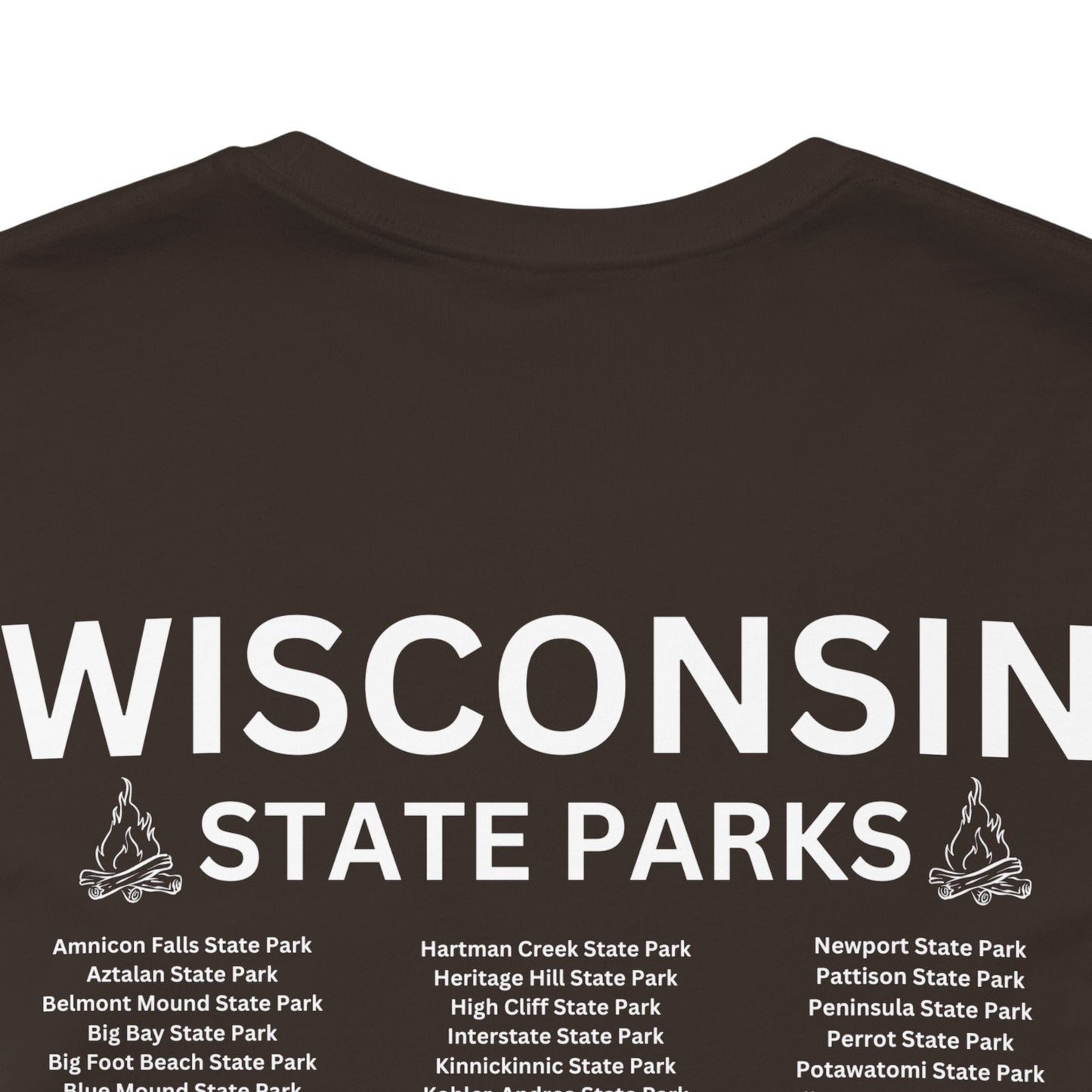 Close up of brown shirt and list of State Parks.