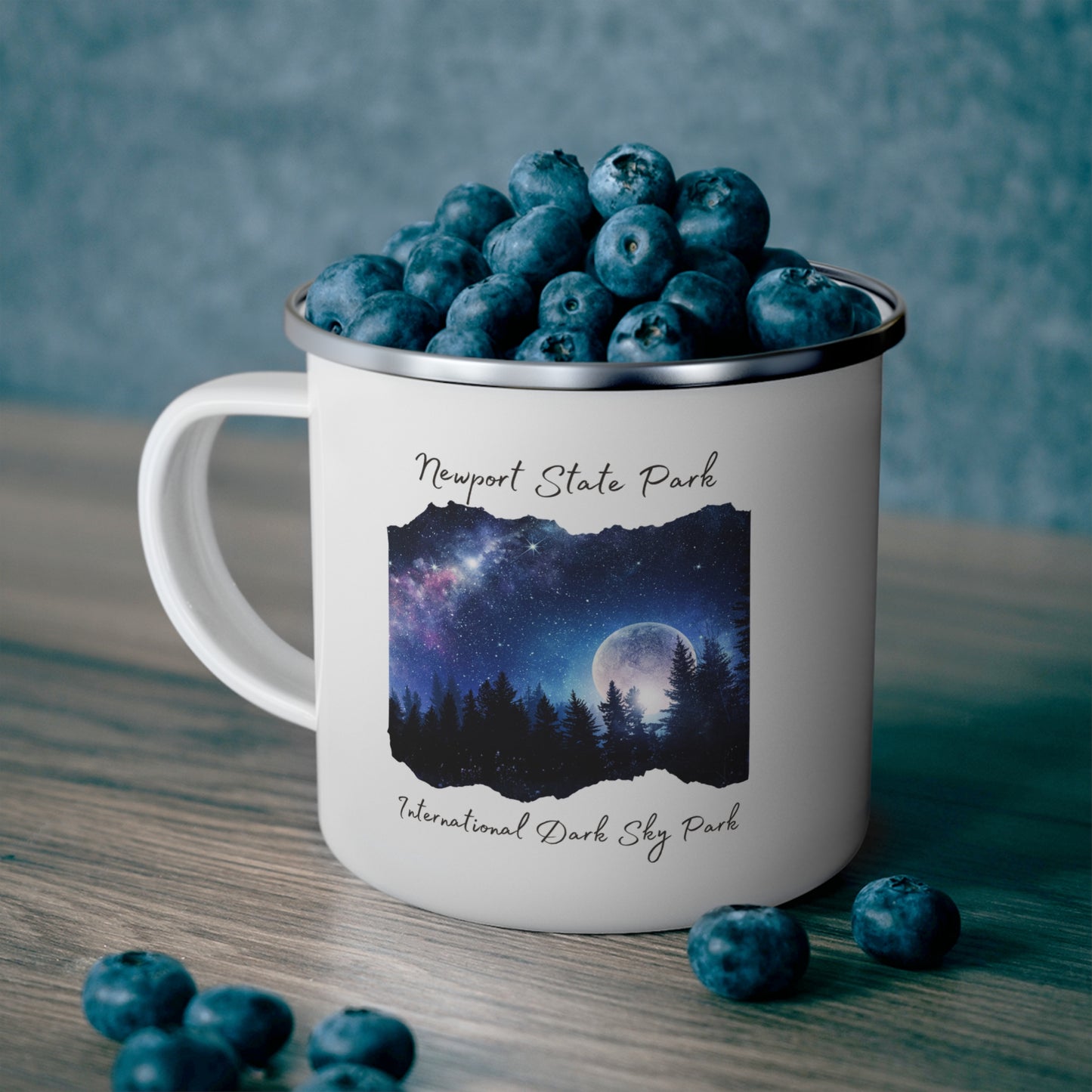 Mug with blueberries and Newport State Park design on a wooden surface