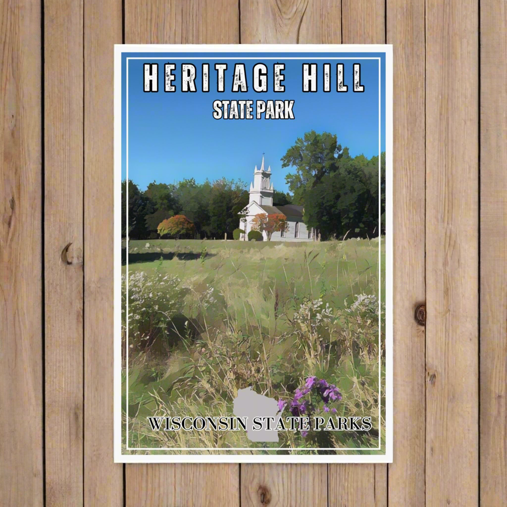 12x18 CCC inspired print of Heritage Hill State Park featuring a prairie and church.