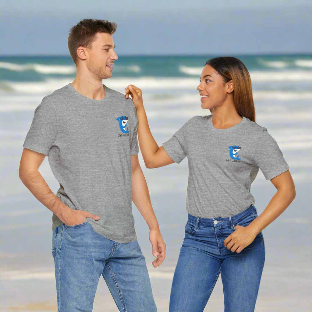 Lake Superior unsalted t-shirt front design in athletic heather.