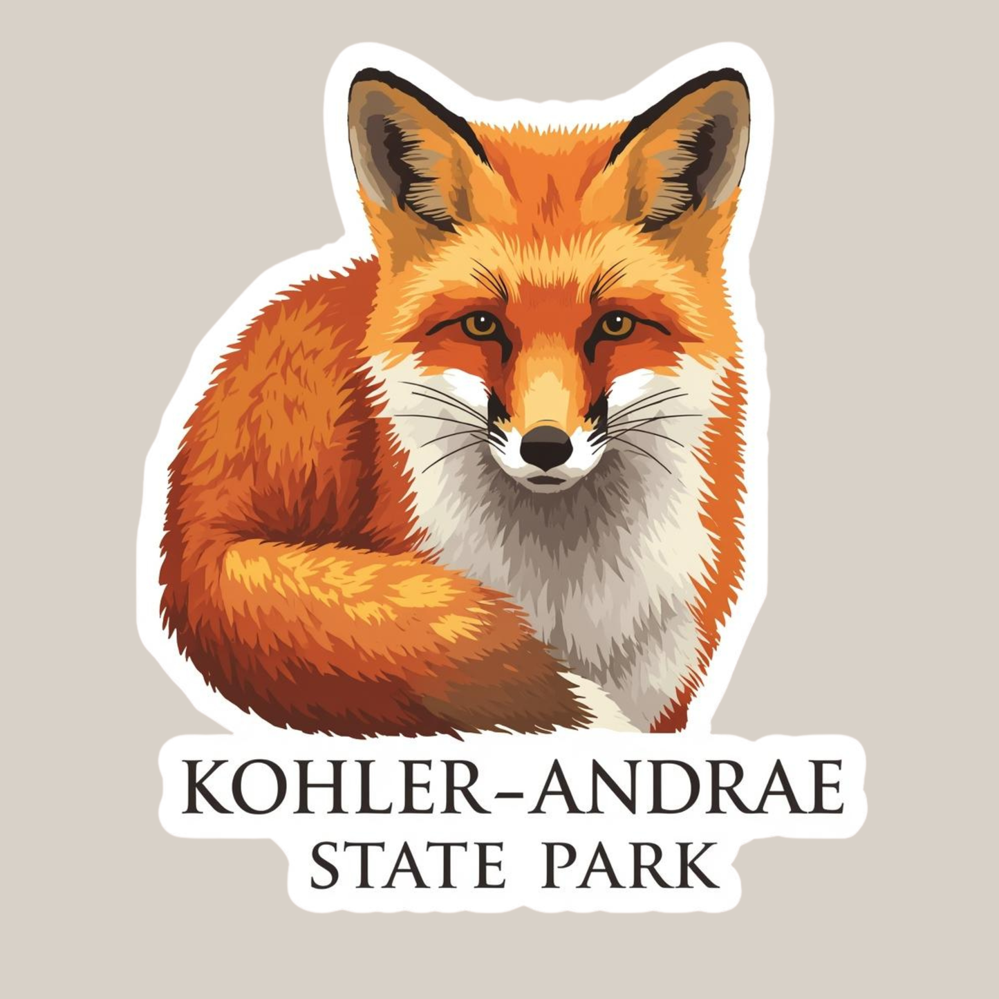 Sticker of a fox with 'Kohler-Andrae State Park' text on a beige background