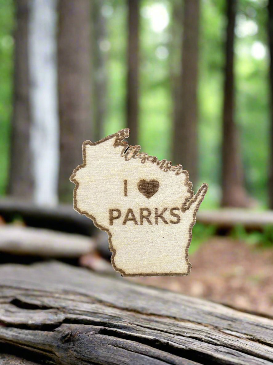 Wood Wisconsin shaped magnet with I heart (symbol) Parks text.