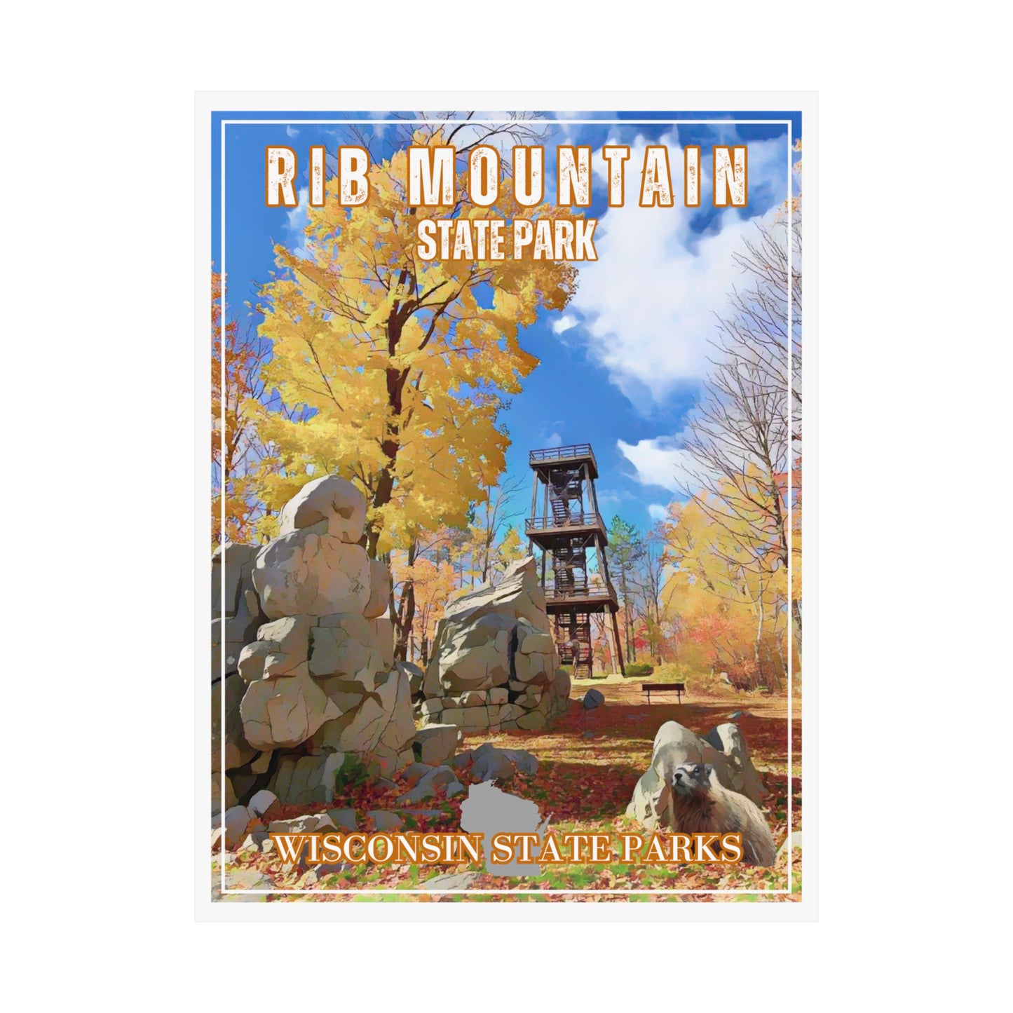 18x24 Rib Mountain State Park Retro poster depicting the observation tower and fall leaf color.