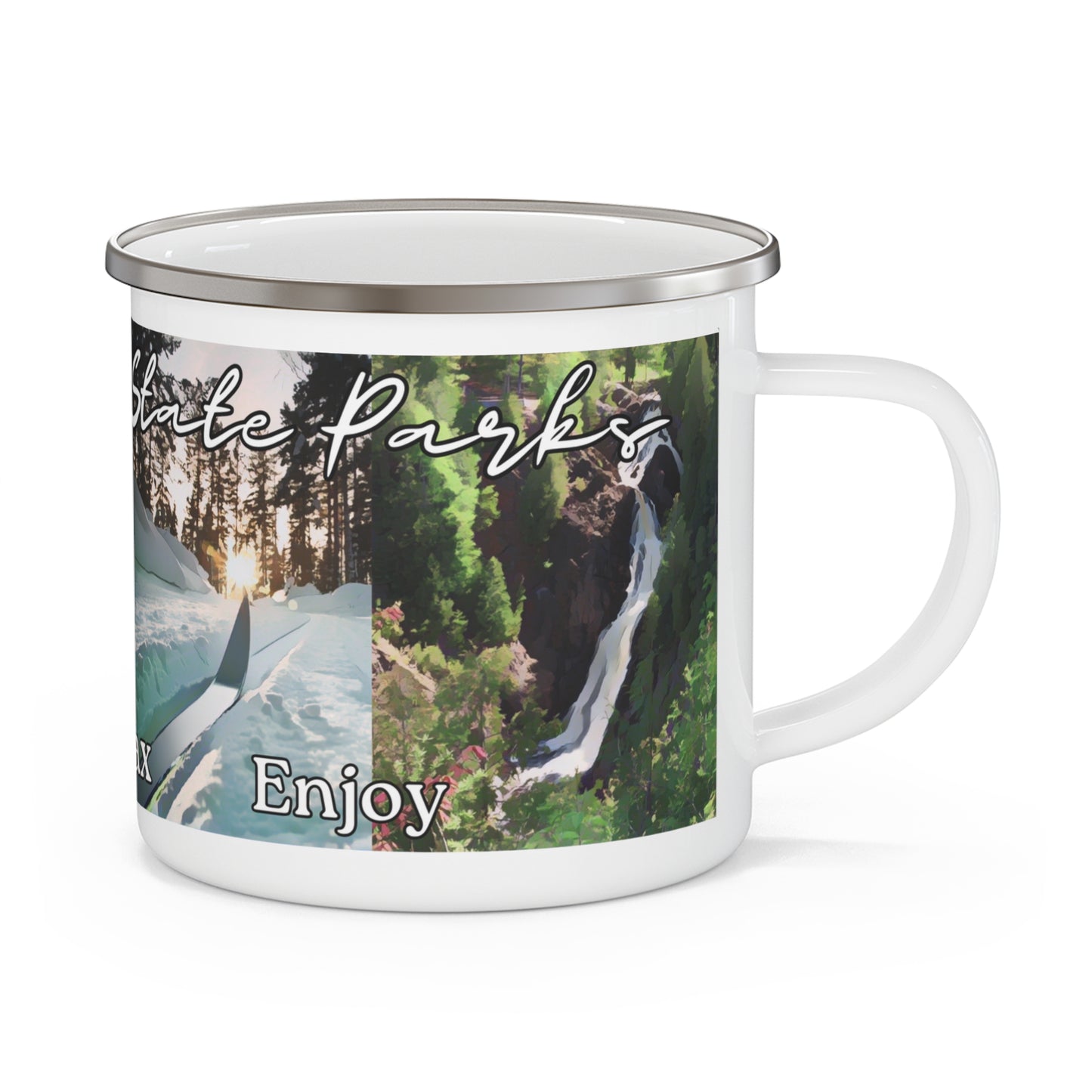 White enamel camper mug depicting camping, hiking, cross country skiing and waterfall scenes and the text “Wisconsin State Parks explore, relax, enjoy.”