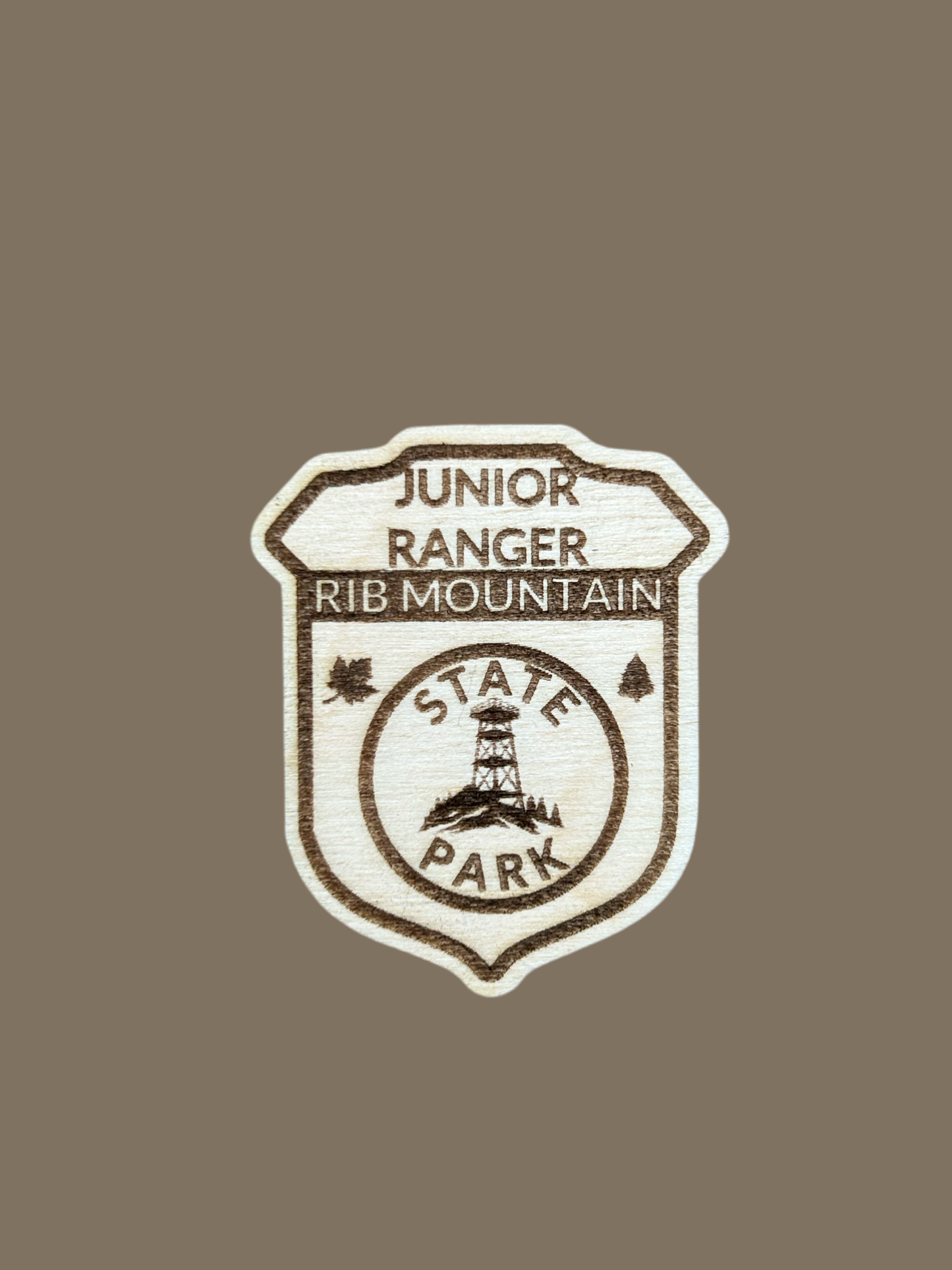 Wood badge shaped junior ranger pin with text Rib Mountain State Park and a observation tower on a hill icon.
