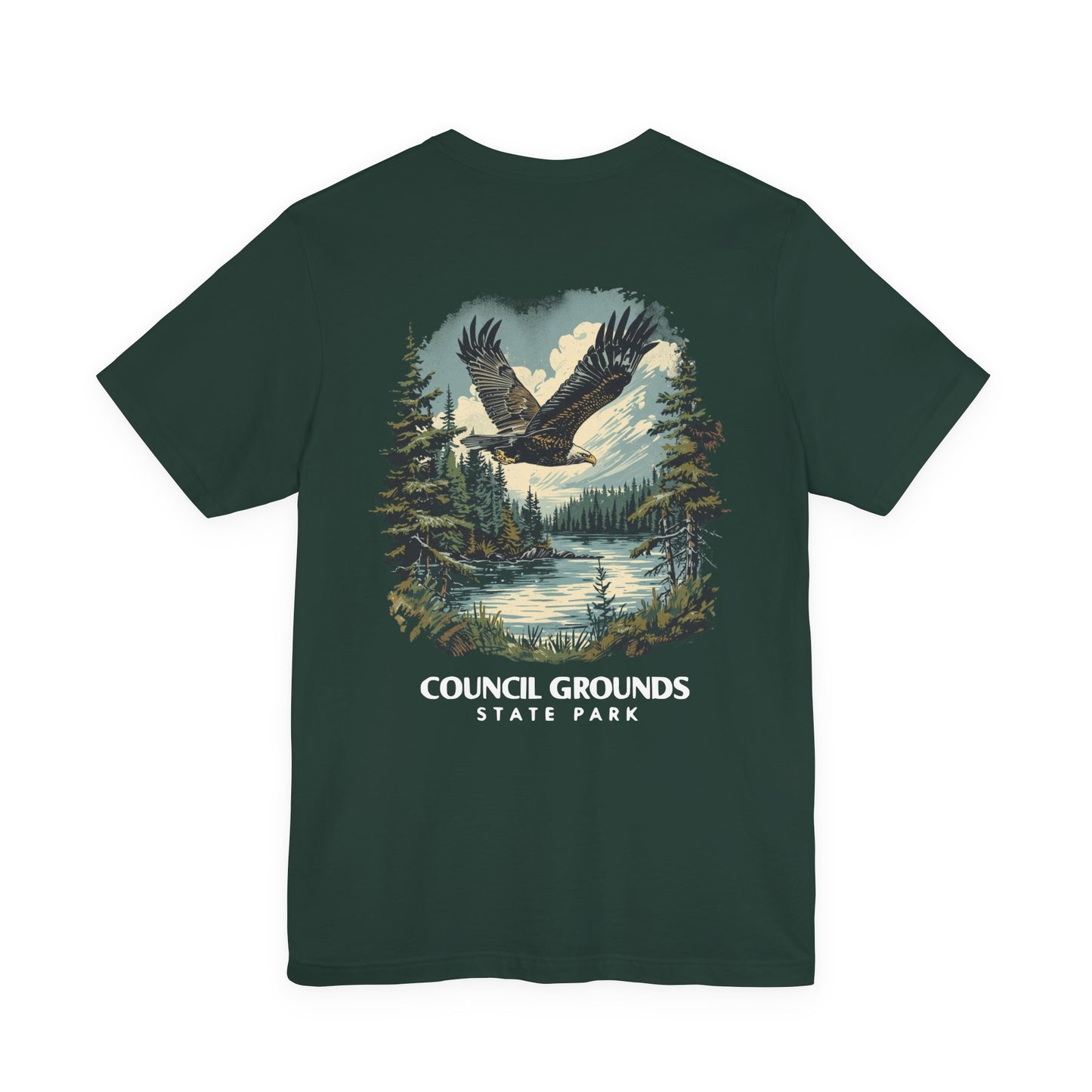 Green t-shirt with an eagle design and 'Council Grounds State Park' text on a white background