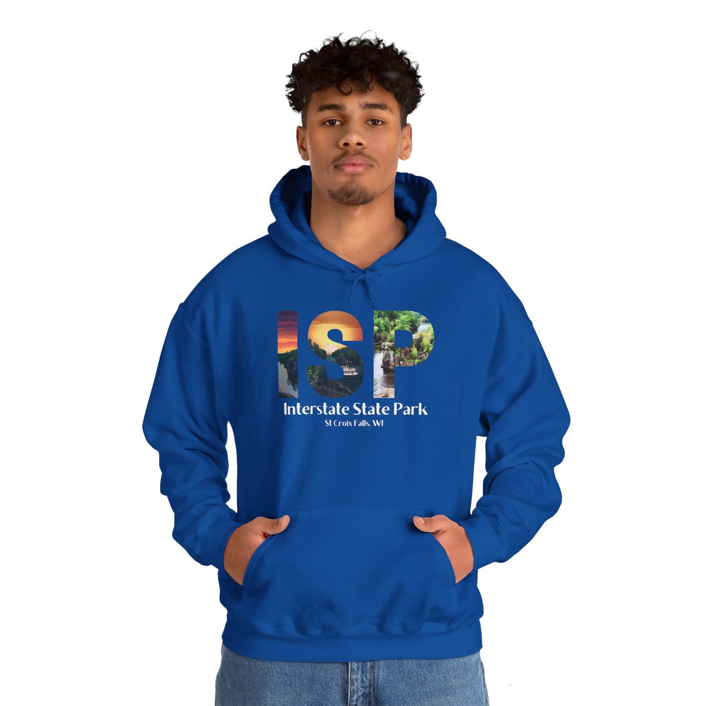 Male wearing a royal blue colored hoodie featuring a ISP logo design with artistic prints and the text: Interstate State Park - St Croix Falls, WI”.