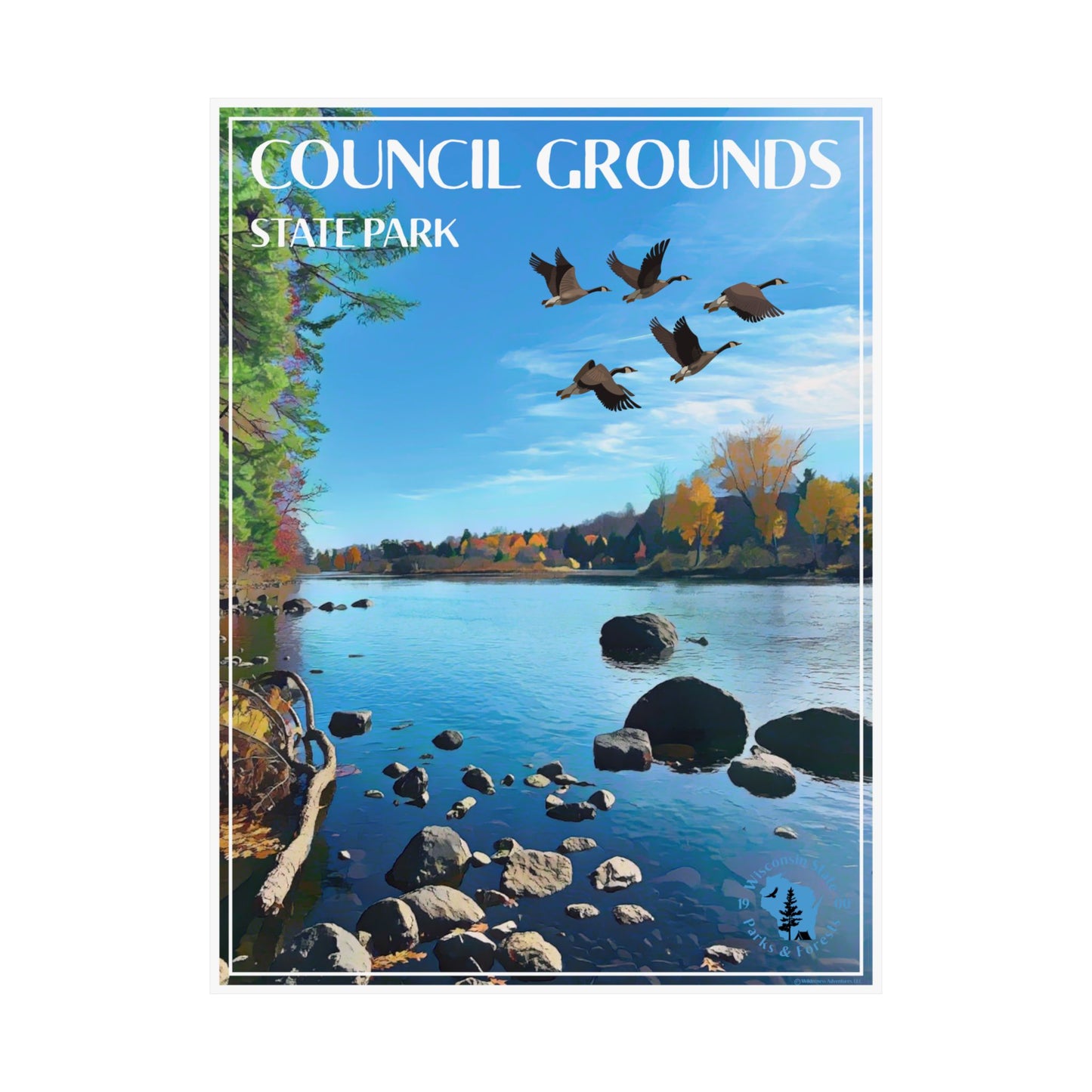 18x24” Poster depicting a flock of geese flying over a river lined with fall colored foliage.