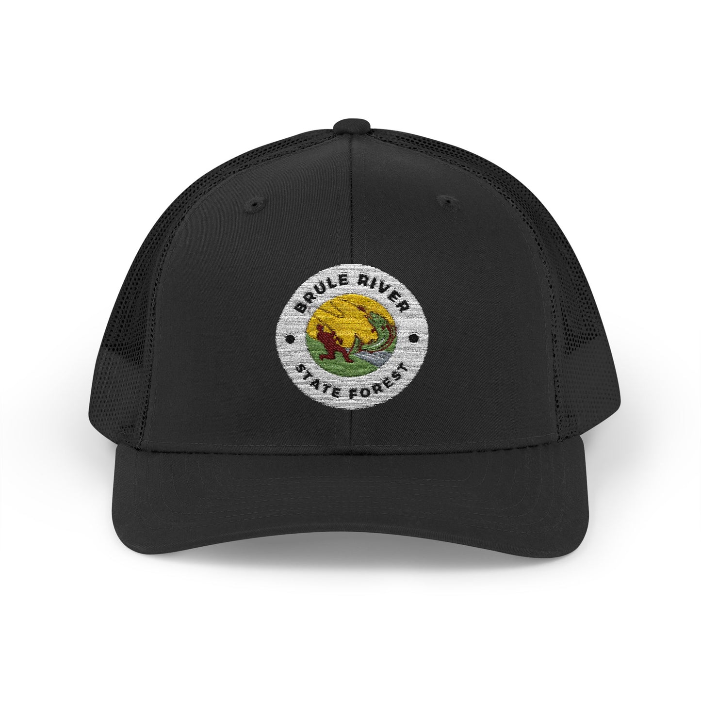 All black Colored ball cap with embroidered logo of an angler catching a fish and the text Brule River State Forest.