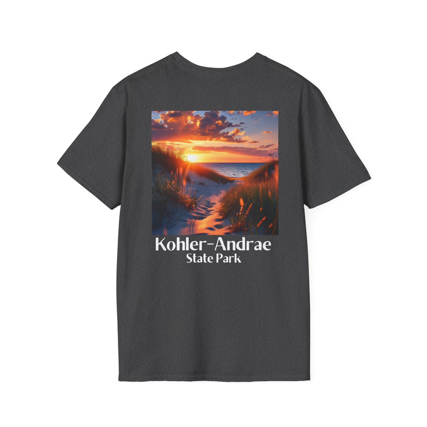 Dark Heather T-shirt featuring a back design of looking through the sand dunes at a colorful sunrise over Lake Michigan and the text: Kohler-Andrae State Park.
