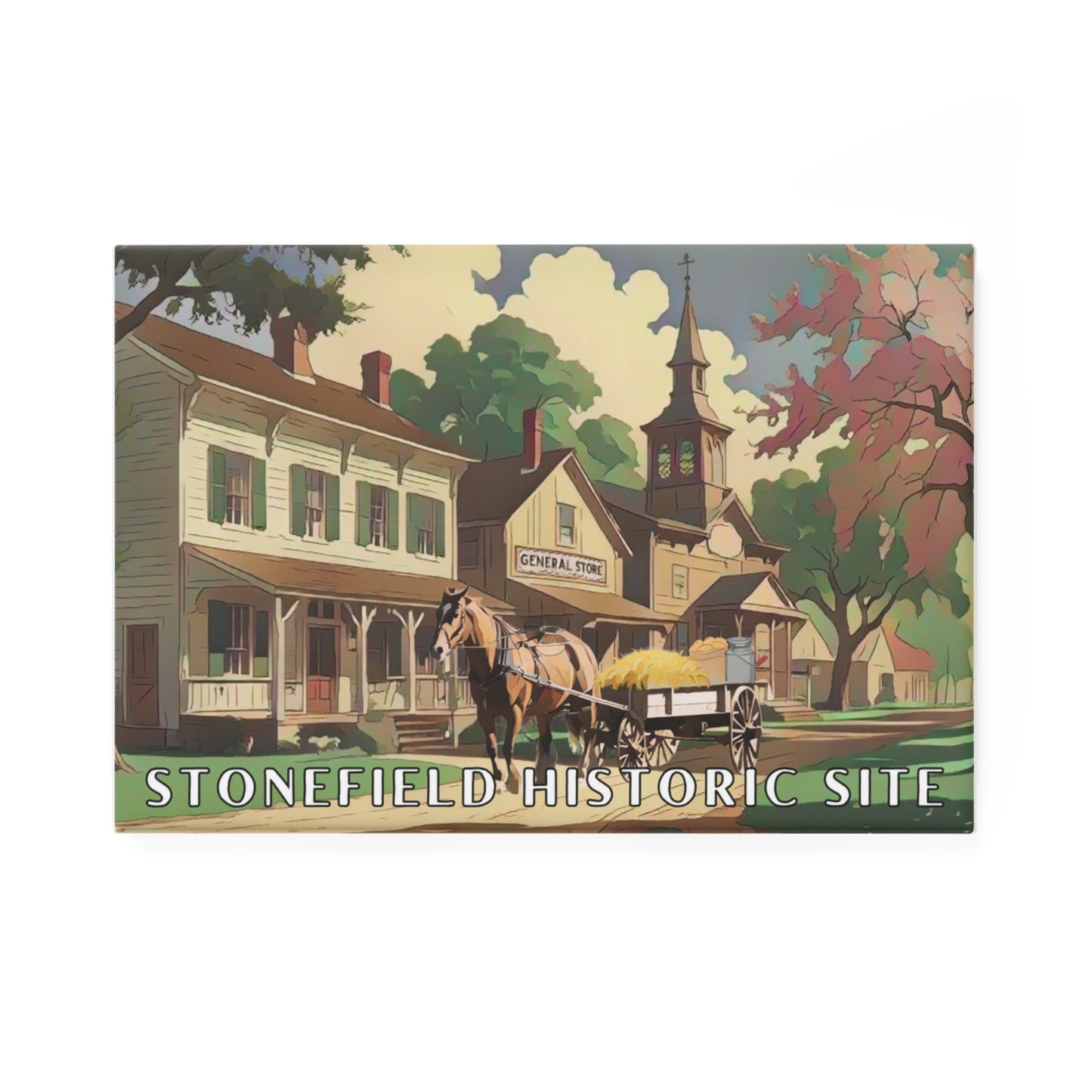Button magnet featuring a design of an old Wisconsin town and a horse drawn wagon with the text: Stonefield Historic Site.
