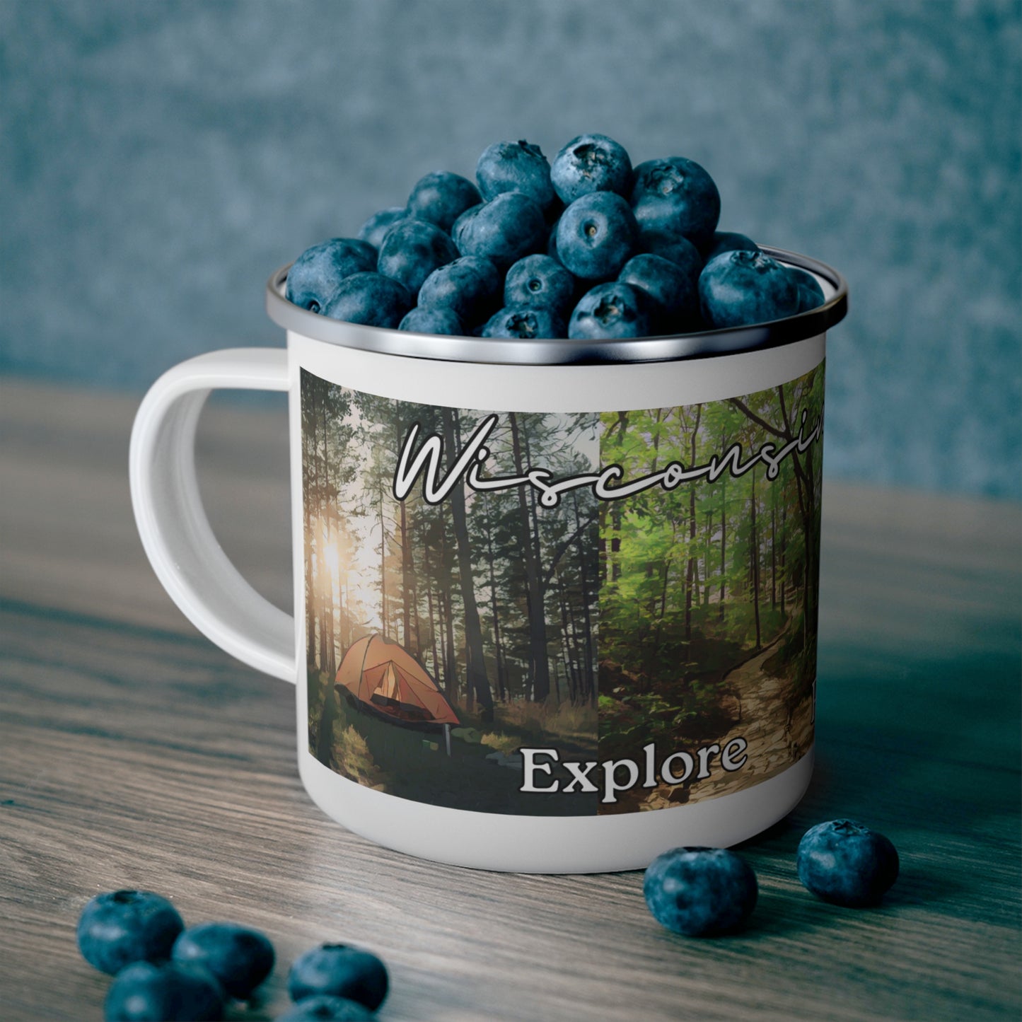 White enamel camper mug depicting camping, hiking, cross country skiing and waterfall scenes and the text “Wisconsin State Parks explore, relax, enjoy.”