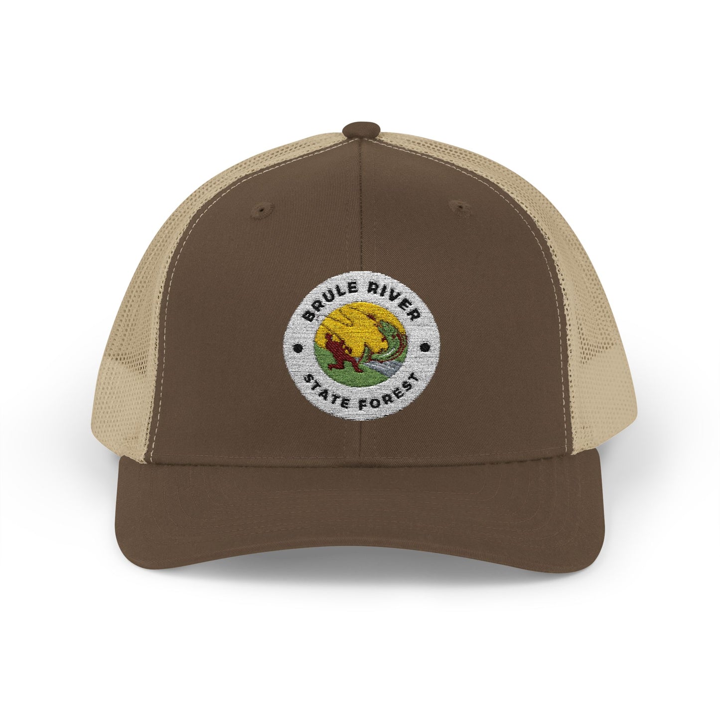 Brown and Khaki Colored ball cap with embroidered logo of an angler catching a fish and the text Brule River State Forest.