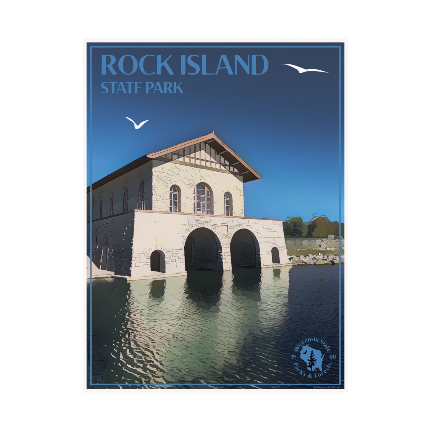 18x24 Poster depicting the rock boathouse at Rock Island State Park with seagulls flying above, and the text Rock Island State Park.