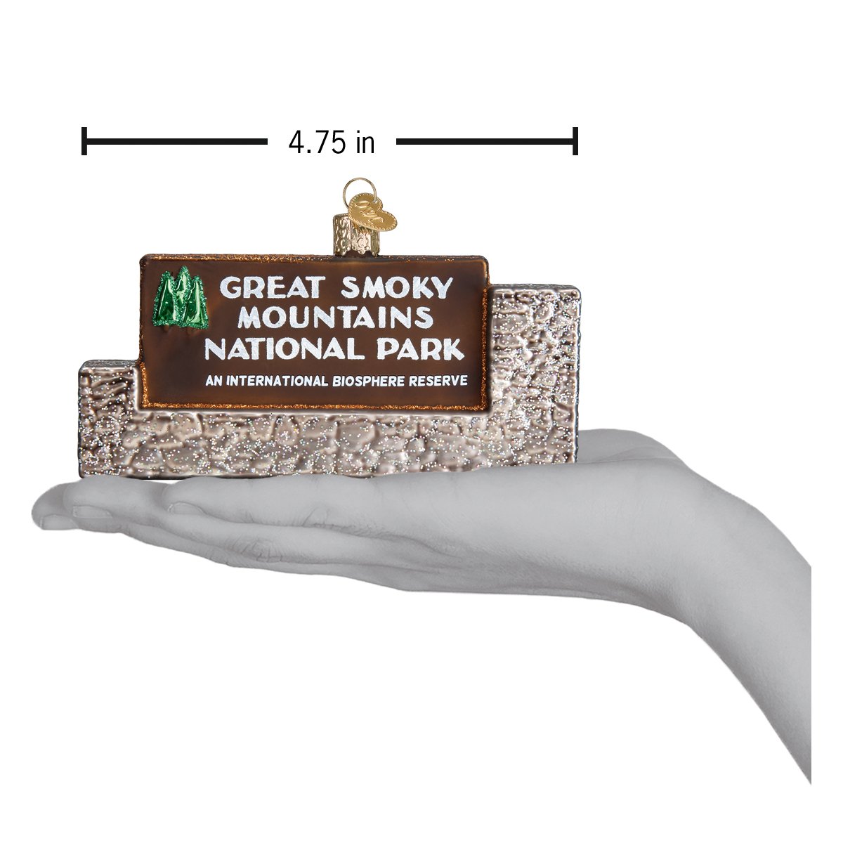 Decorative ornament of a Great Smoky Mountains National Park sign held in a hand with measurement label.