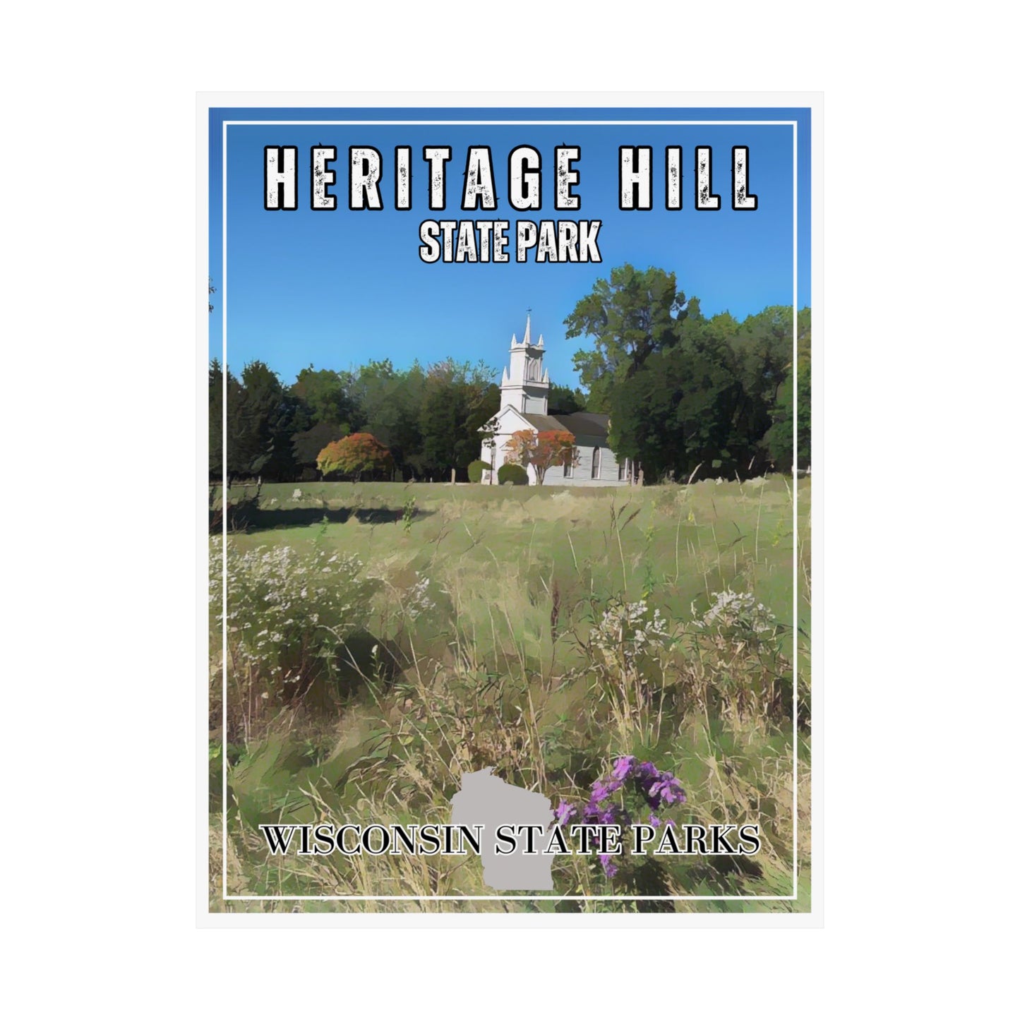 18x24 CCC inspired print of Heritage Hill State Park featuring a prairie and church.