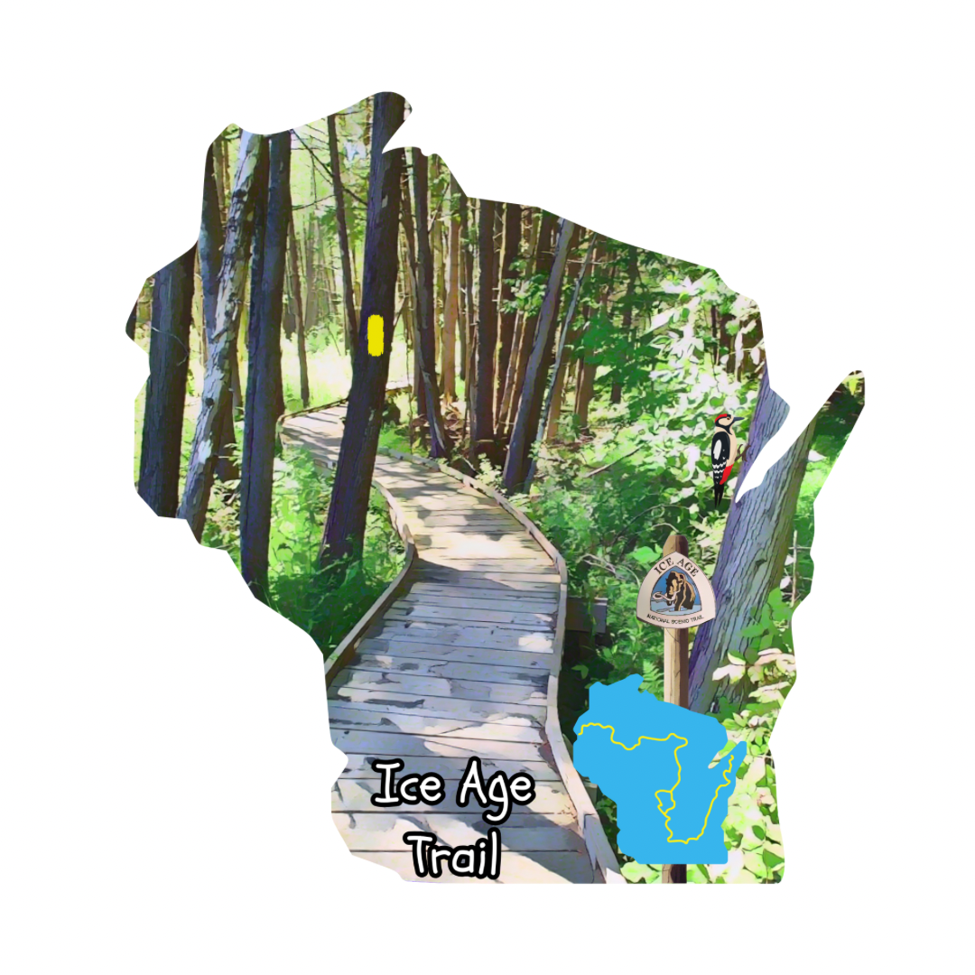 Wisconsin shaped Ice Age Trail sticker depicting a boardwalk through the woods and a blue silhouette of WI and the IAT route.