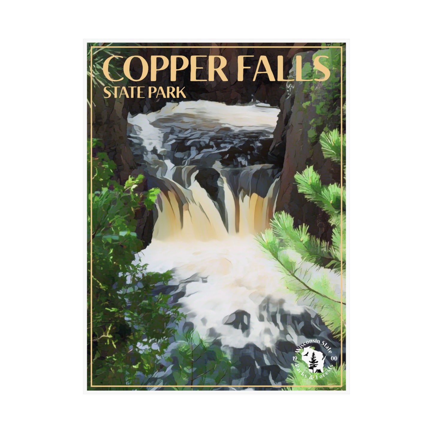18x24” Poster featuring the namesake of Copper Falls State Park: Copper Falls as it flows into the gorge.