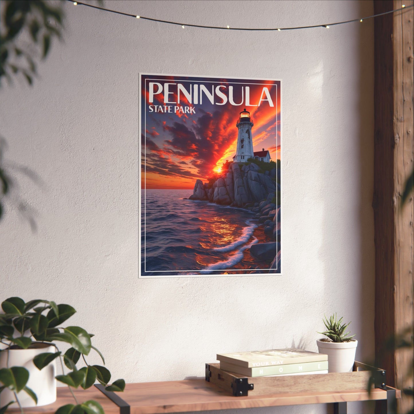 Poster depicting a vivid image of a weathered lighthouse on a rock outcropping against the back drop of a colorful sunset over Lake Michigan and the text Peninsula State Park. Photo background: poster hanging on a wall above a wood shelf with plants and books.