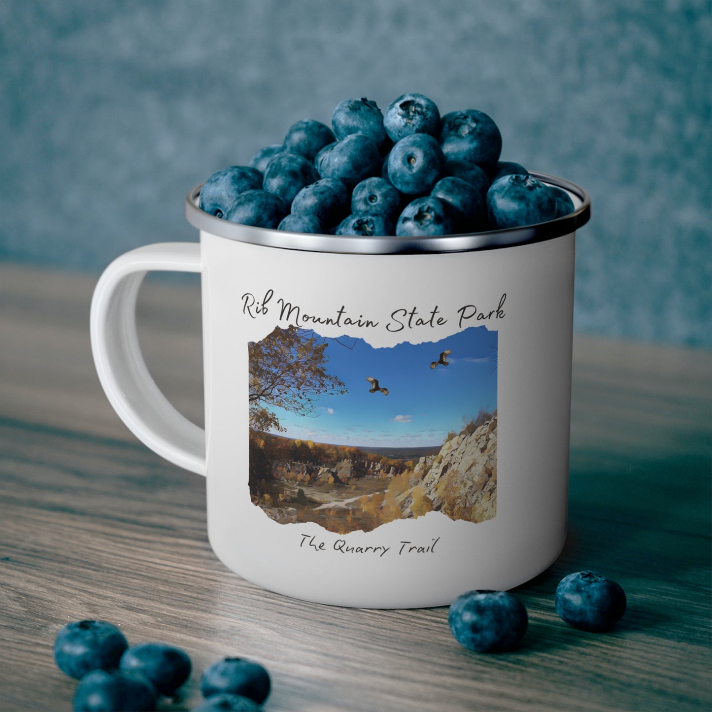 White enamel camper mug with a quarry scene printed on it with the text: Rib Mountain State Park, The Quarry Trail. Background: cup sitting on a counter, full of blueberries.