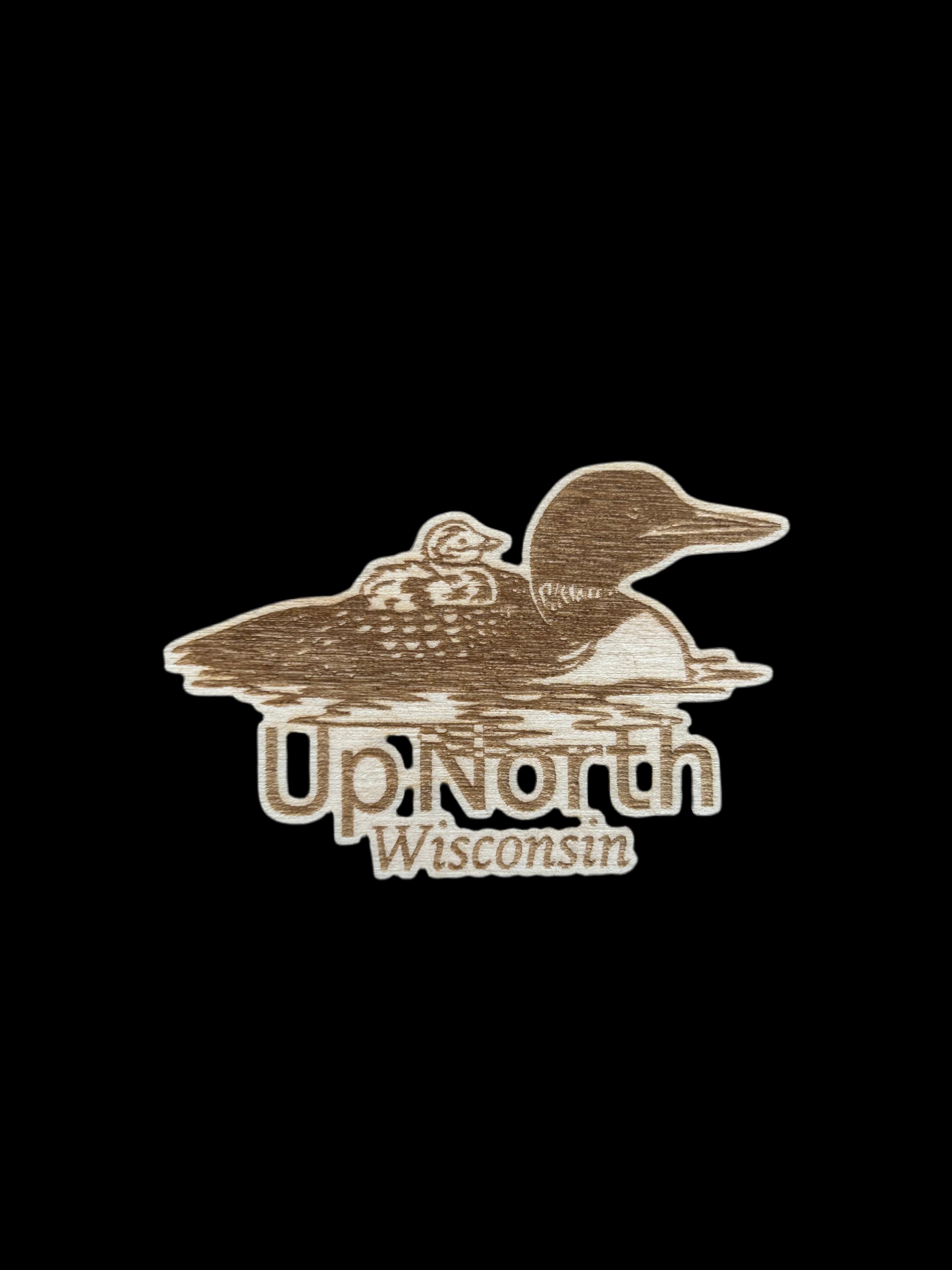 Loon shaped wood magnet with baby loon and the text "up North Wisconsin".