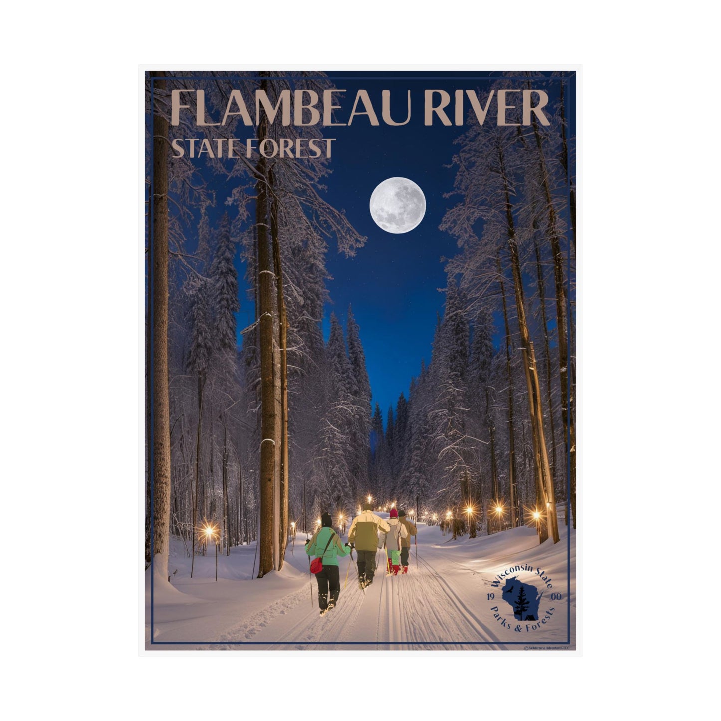 Poster of Flambeau River State Forest with people walking in a snowy forest at night.