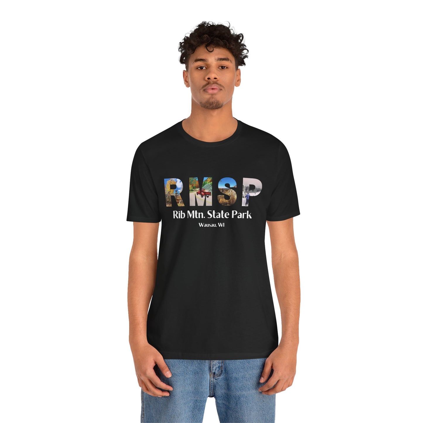 Male model wearing a black RMSP shirt depicting the letters RMSP, each with a different park scene.