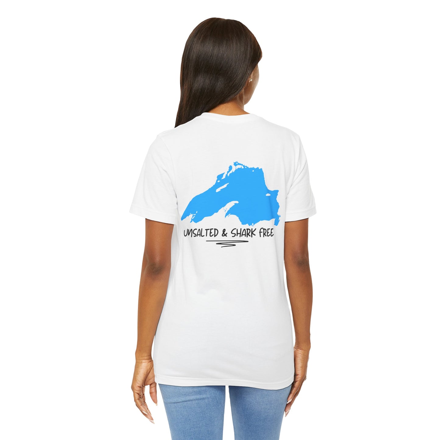 Lake Superior unsalted t-shirt back design in white.