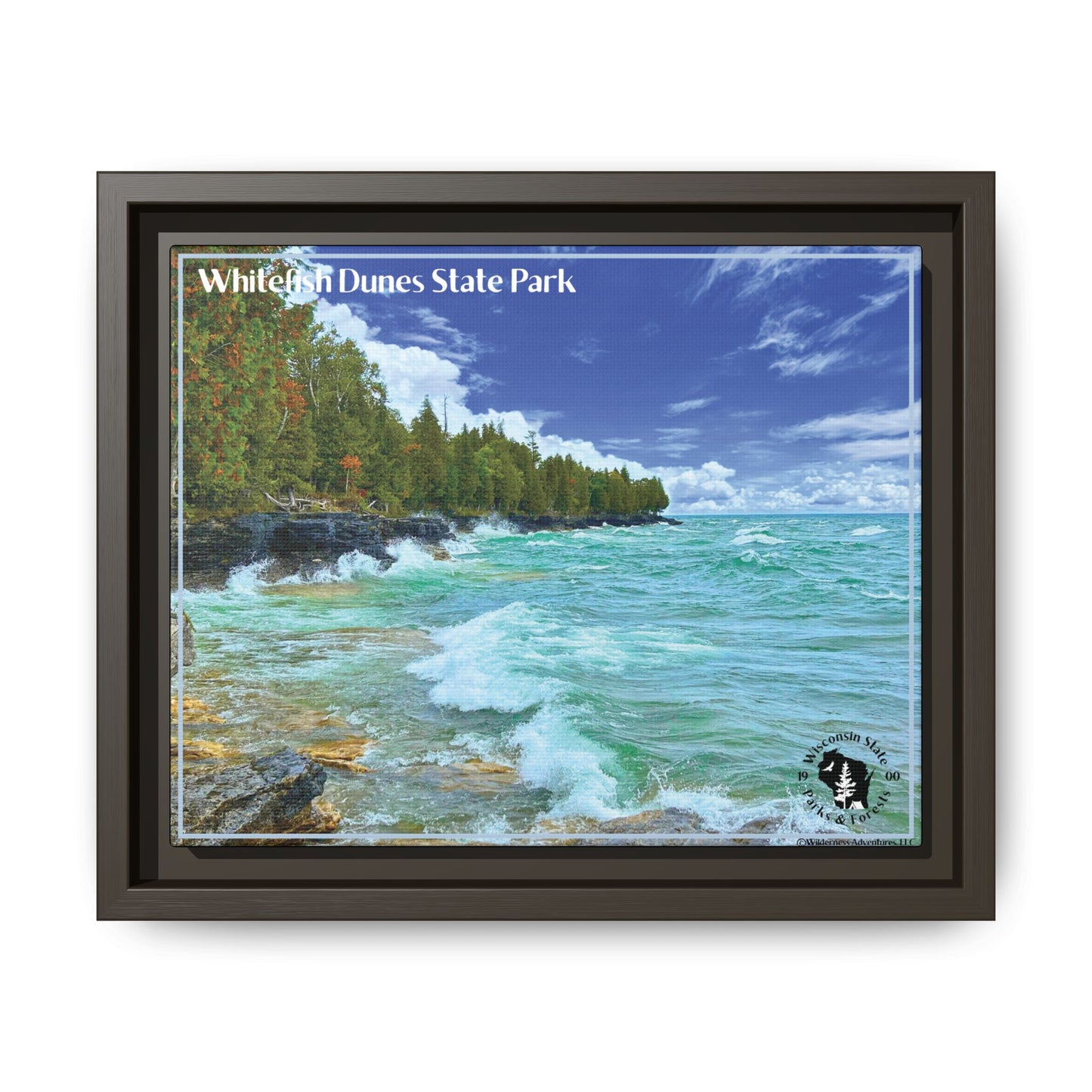 Espresso framed canvas, print featuring large waves crashing against the rocky Shores of whitefish Dune State Park.