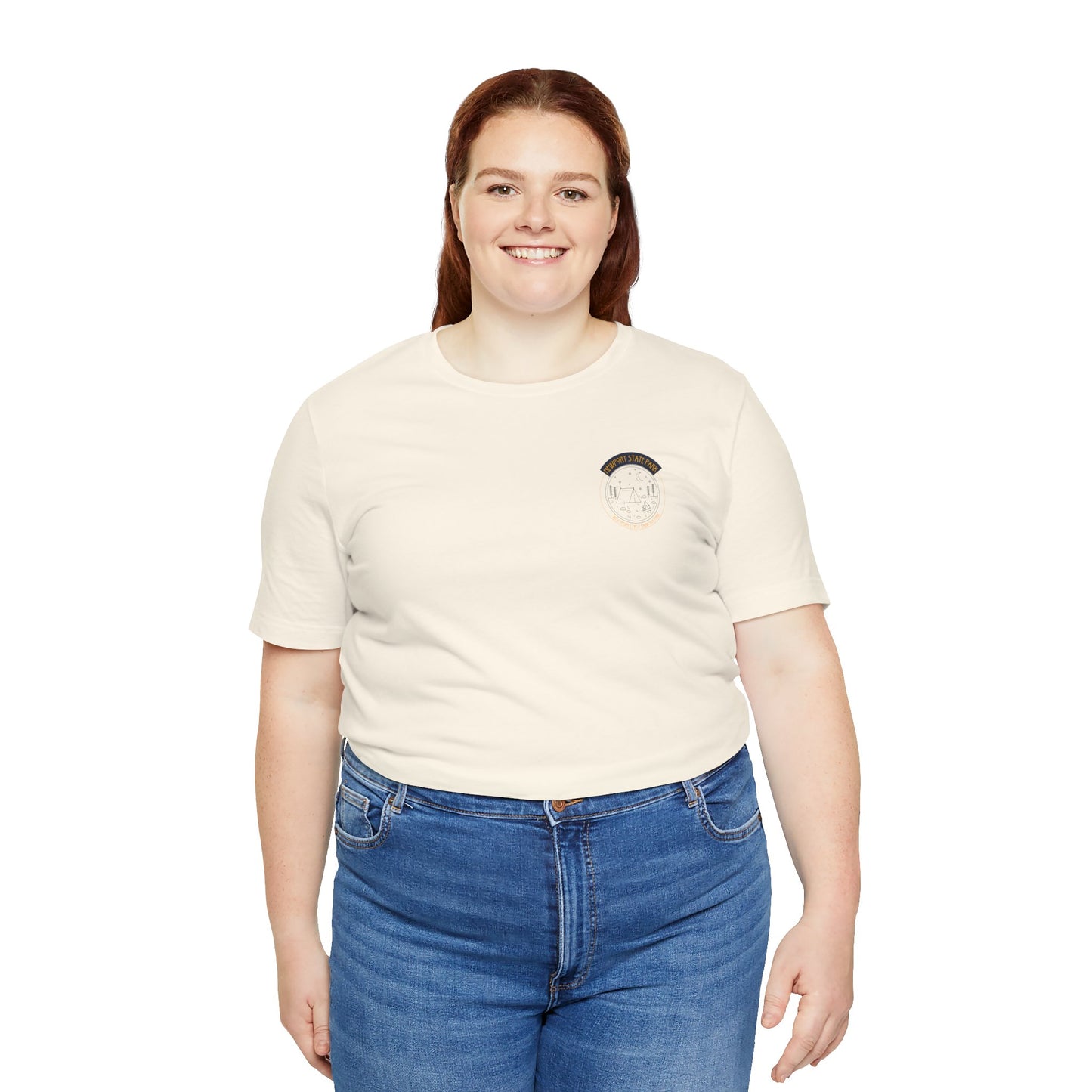 Female model wearing Newport shirt, front design.