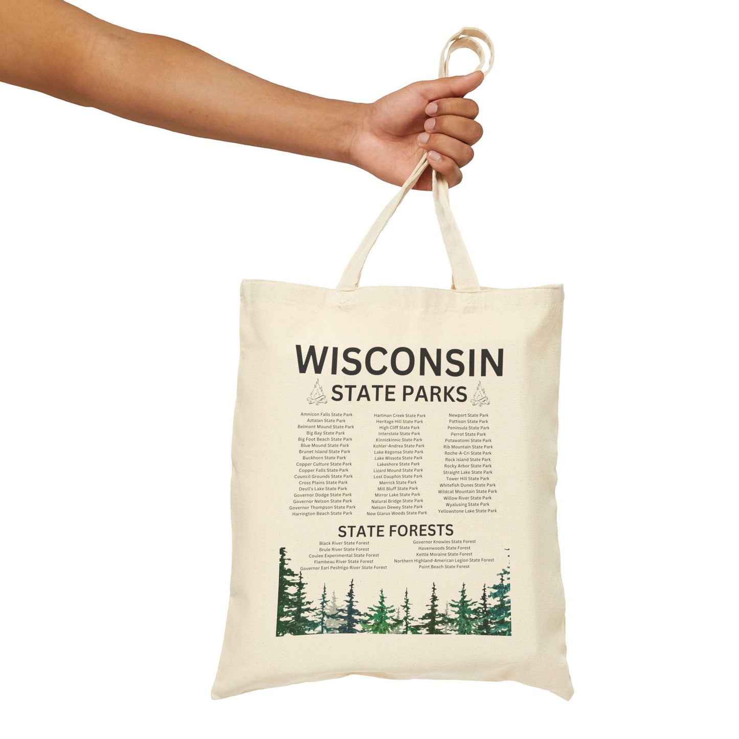 Tote Bag featuring list of Wisconsin’s State Parks and Forests.