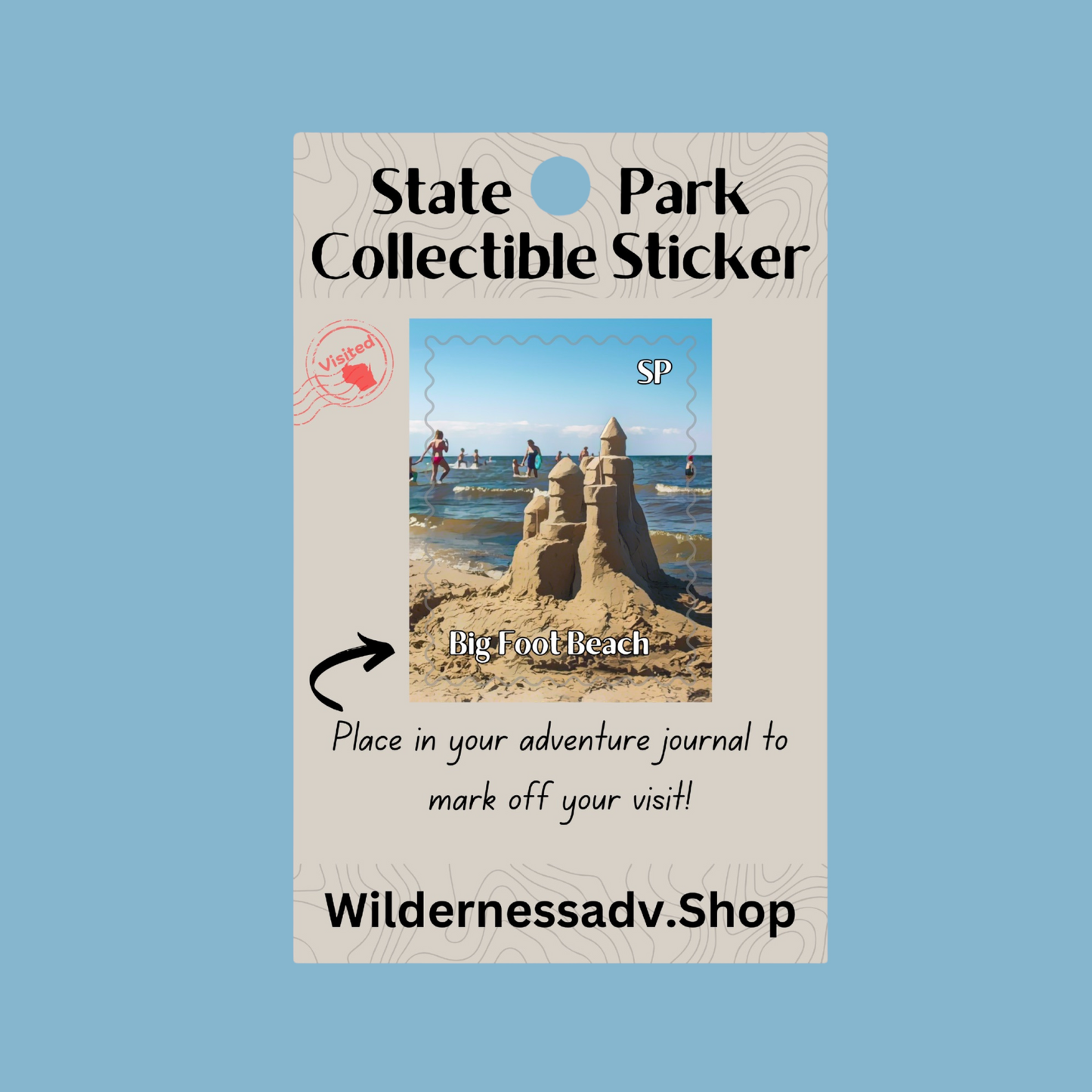 Sticker for Wisconsin State Park Adventure Journal depicting a sand castle on a sandy beach next to a lake with kids playing in the water.