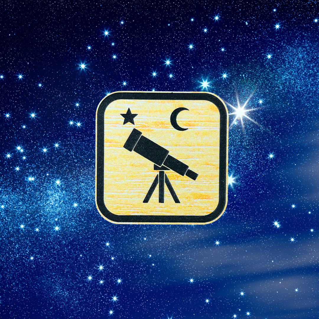 Wood grain acrylic magnet with a telescope, moon, and star symbol. Photo background: bright stars and galaxies in a night sky.