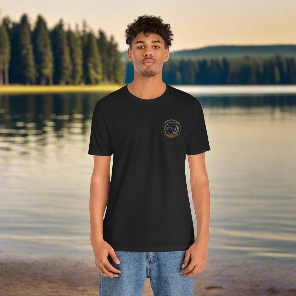 Make model wearing a black Newport State Park shirt.