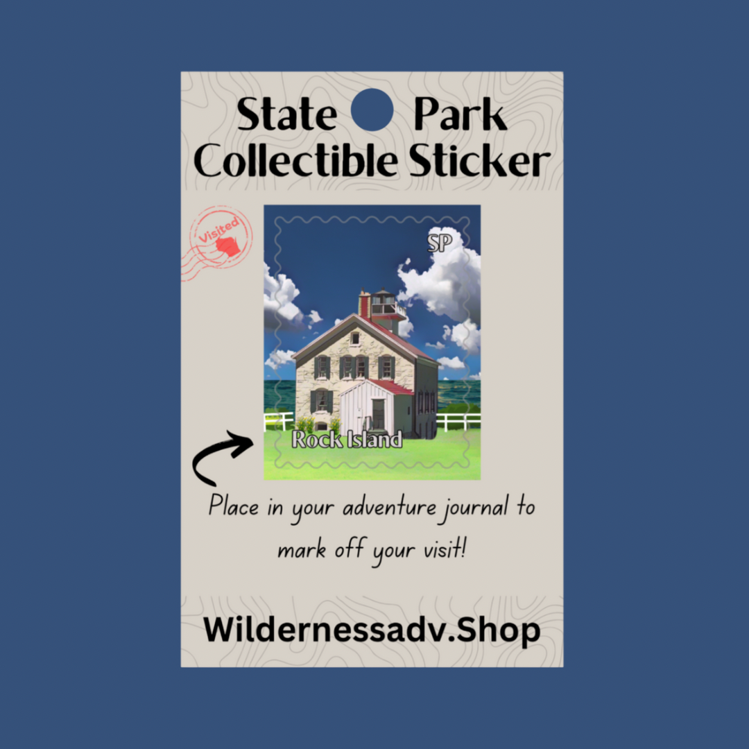 Sticker for Wisconsin State Park Adventure Journal depicting the historic lighthouse overlooking Lake Michigan on Rock Island.