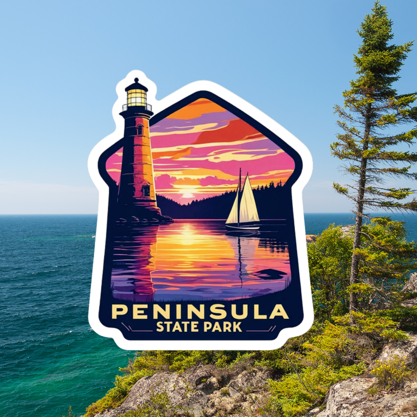 Diecut sticker featuring a lighthouse towering above a calm lake reflecting a vibrant sunset and a sailboat on the water. Features the text Peninsula State Park. Photo background: vegetation on a rock ledge over a large body of water.