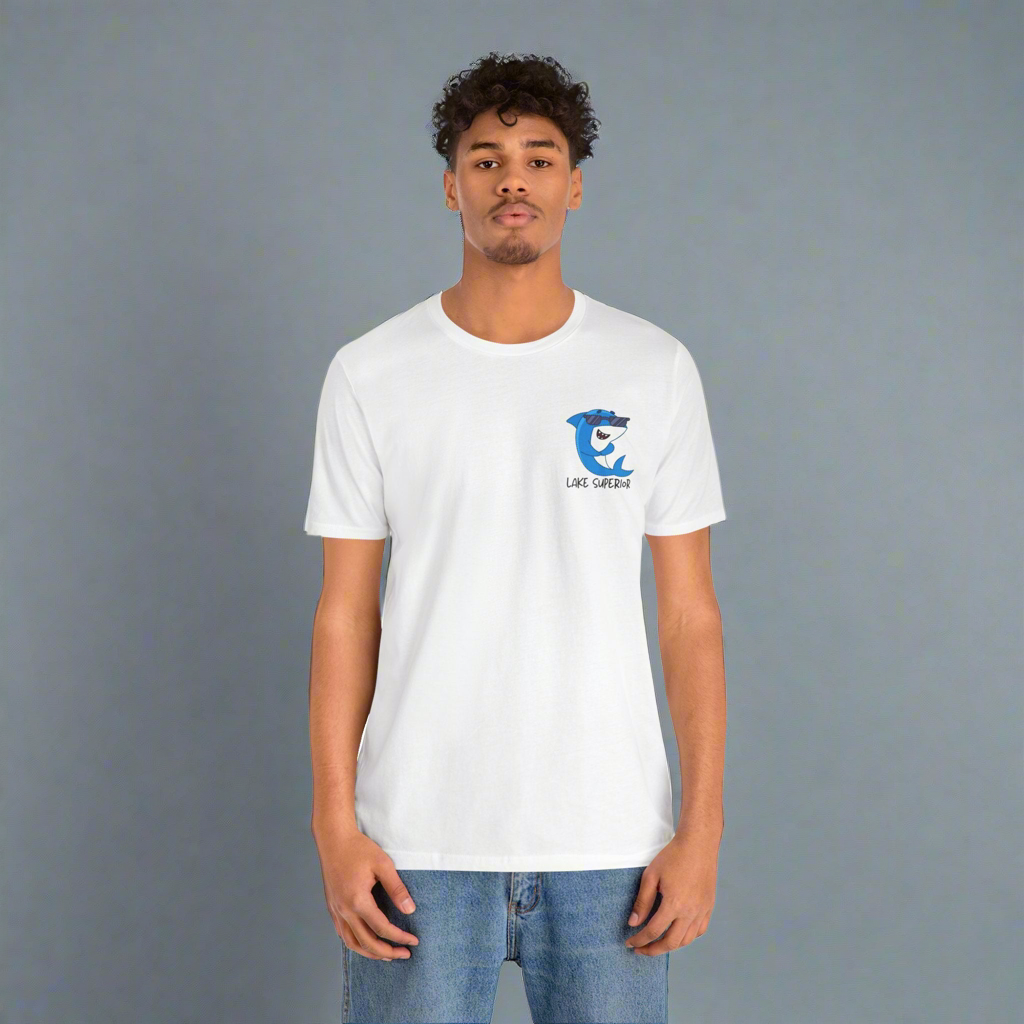 Lake Superior unsalted t-shirt front design in white.