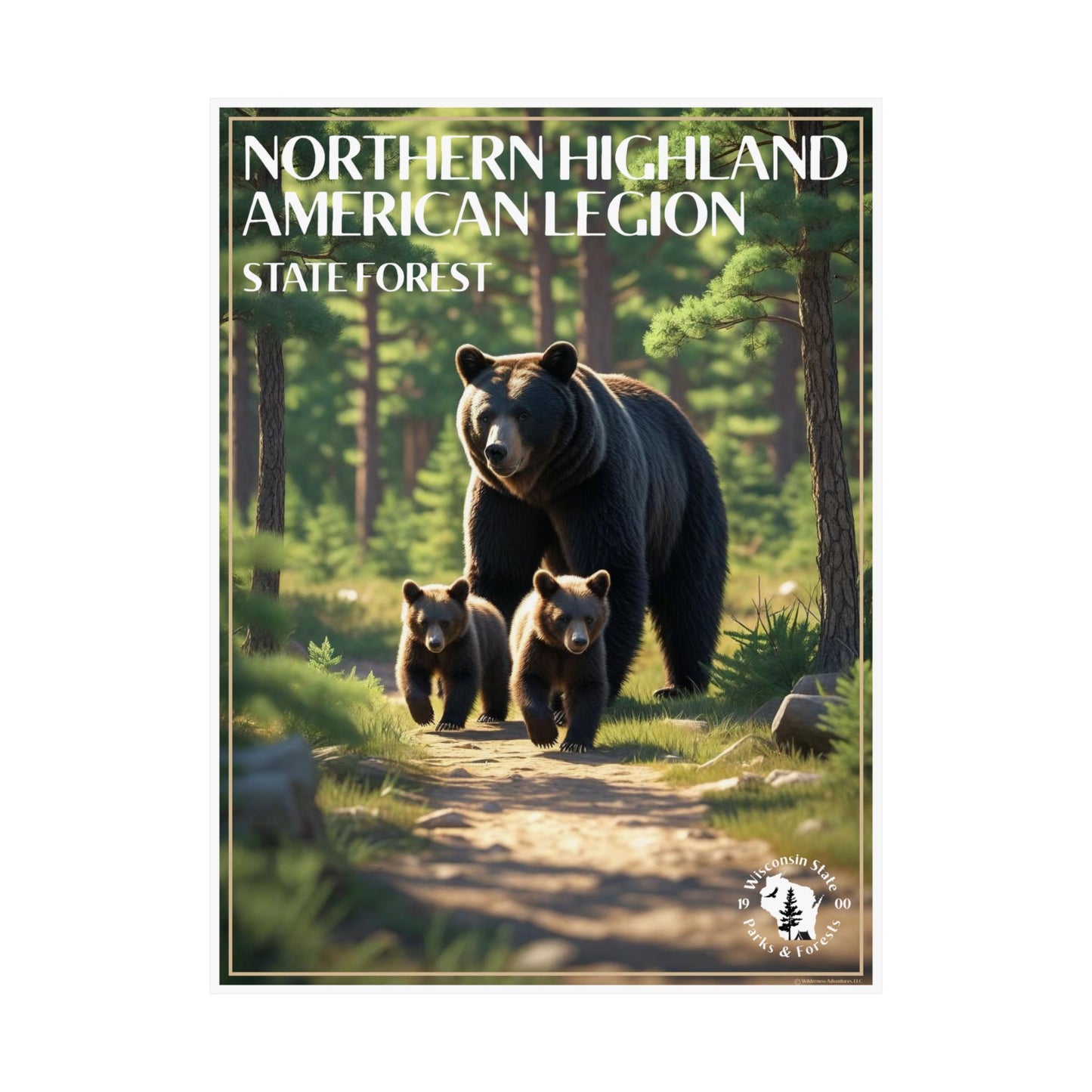 18x24” Poster of a Black bear and two cubs walking through a pine forest and the text: Northern Highland American Legion State Forest.