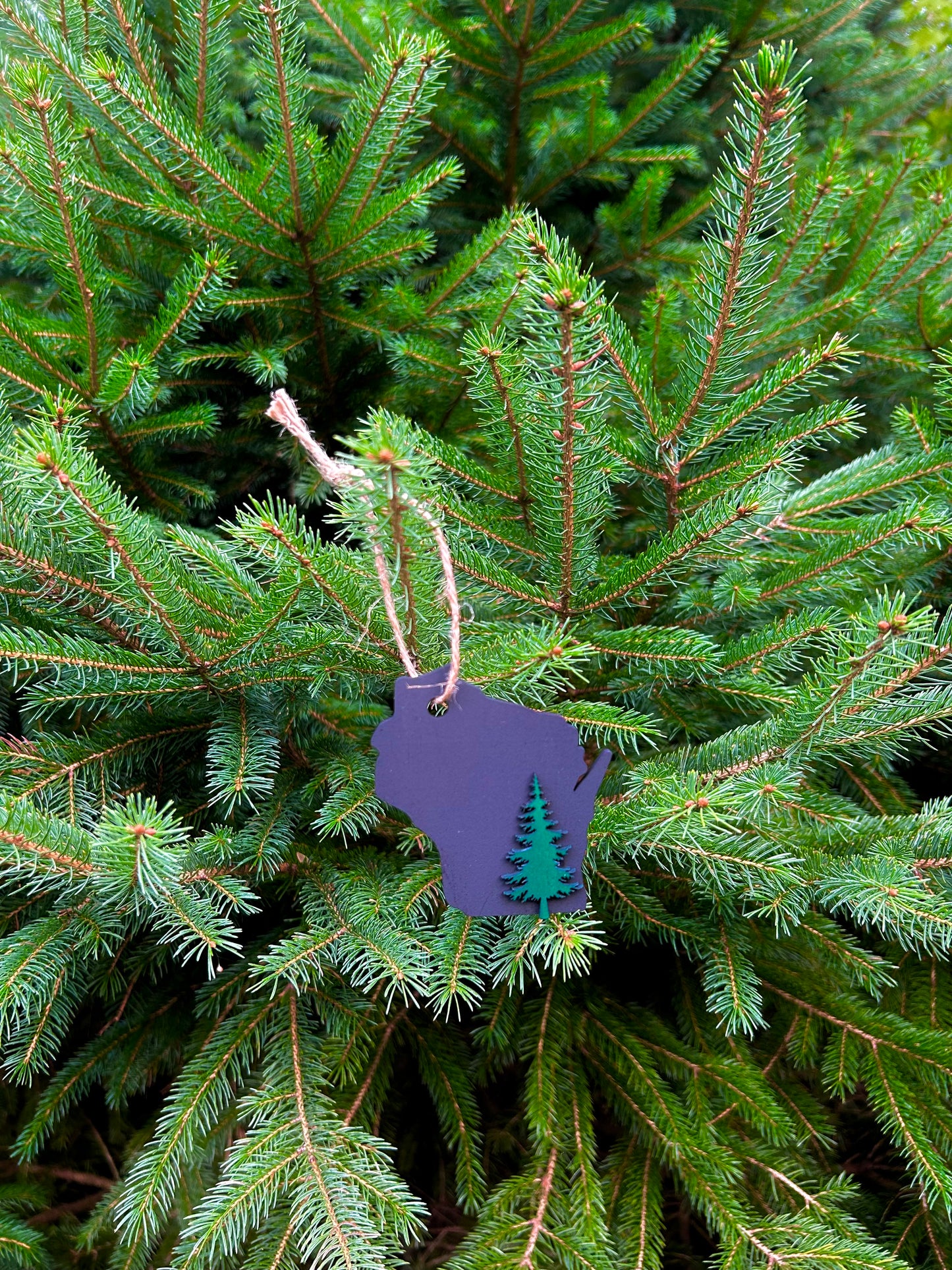 Black Wisconsin Shaped ornament with a green pine tree icon.
