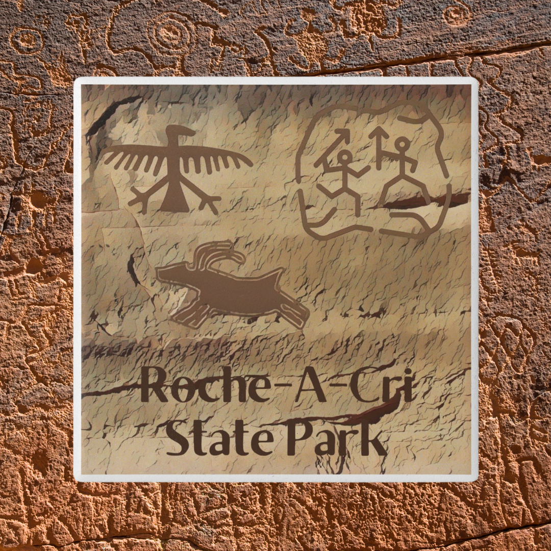 Ceramic Coaster featuring petroglyphs on sandstone design and the text “Roche-A-Cri State Park. Photo background: ancient carvings on rock.