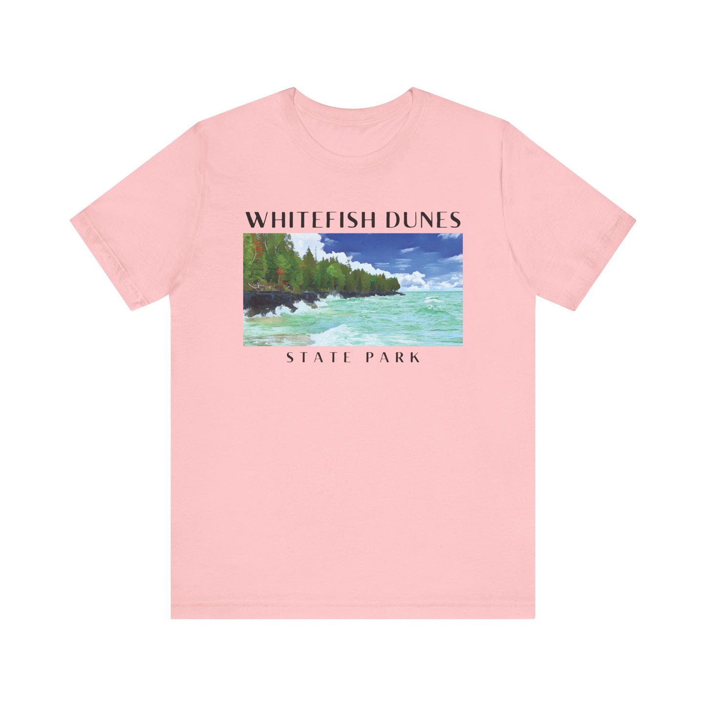 Pink t-shirt with a scenic graphic and 'Whitefish Dunes State Park' text on a white background