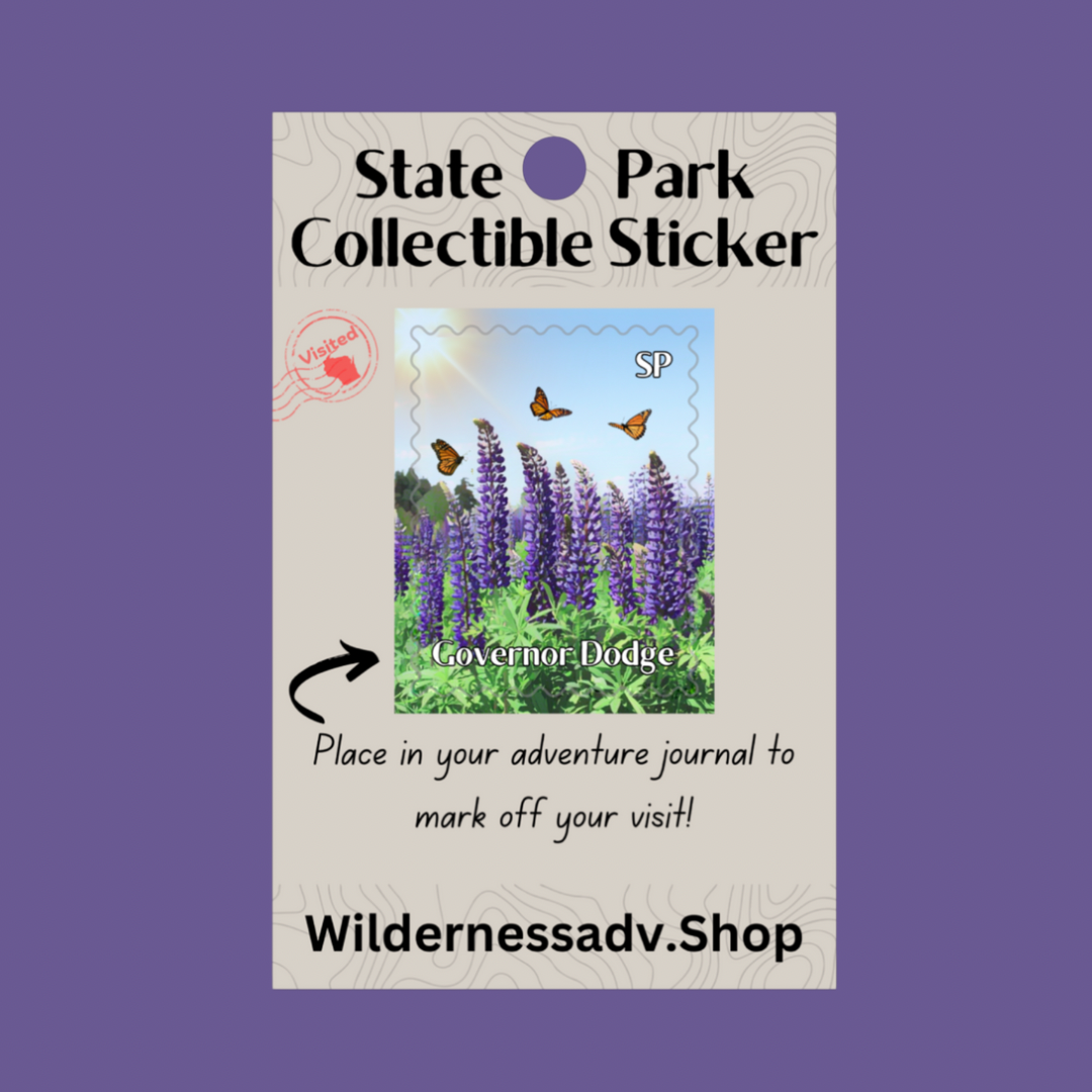 Sticker for Wisconsin State Park Adventure Journal depicting butterflies flying amongst blooming lupine.